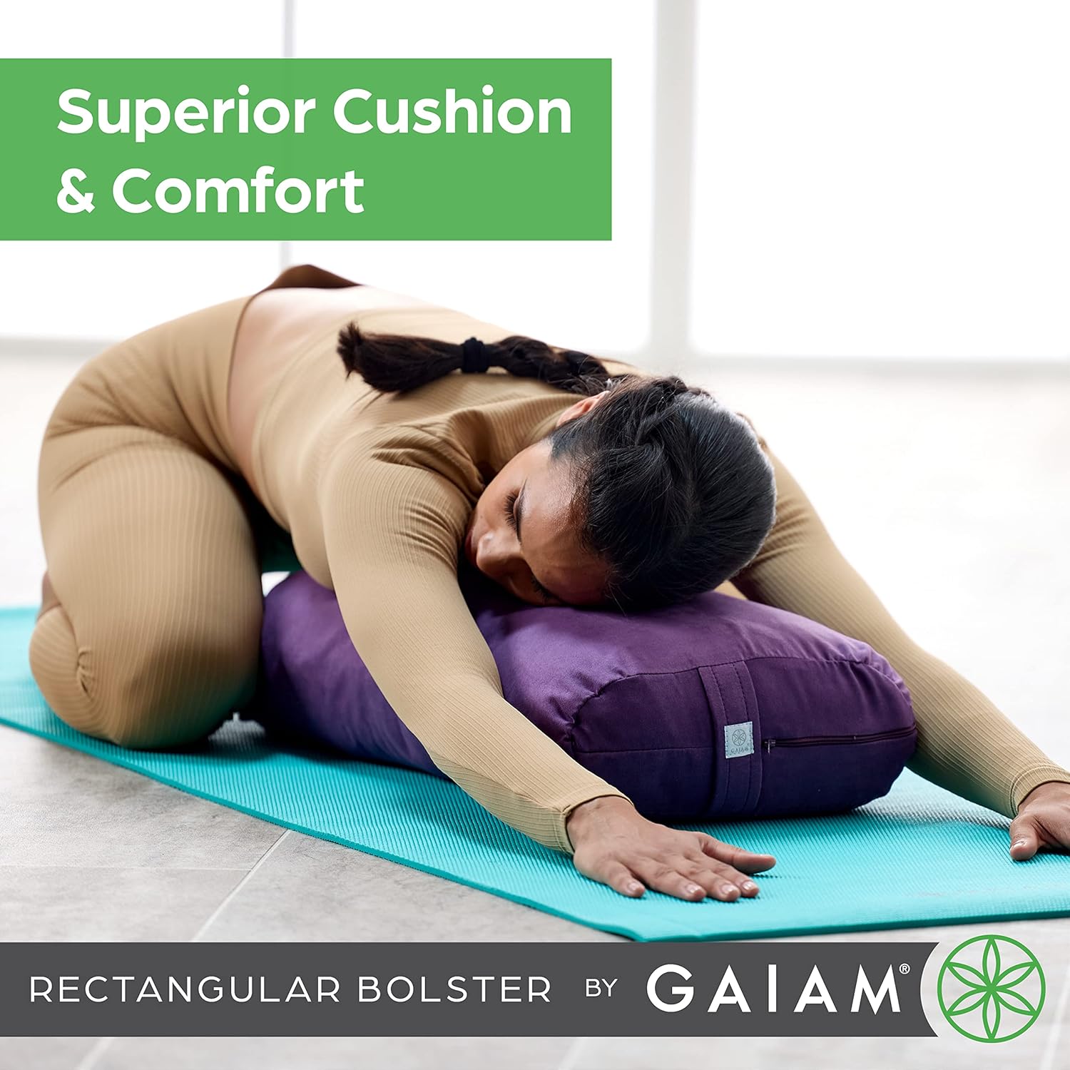 Gaiam Round Yoga Bolster Pillow, Soft Meditation Cushion for Yoga, Massage and Back Support, Breathable Cotton Fill, Zippered Microfiber Cover, Easy-Carry Handle, Machine Washable - Image 4