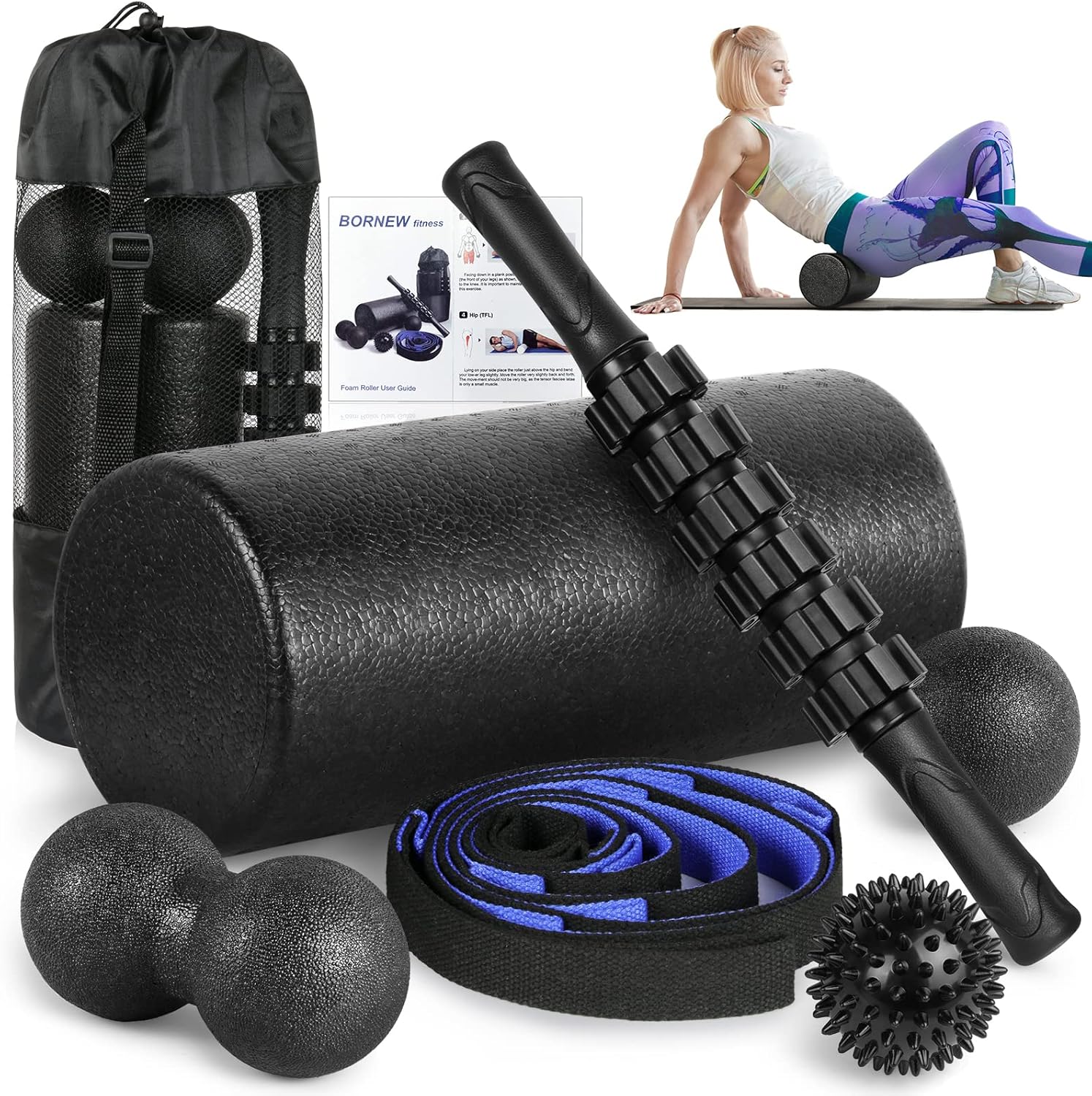 Foam Roller Set - High Density Back Roller, Muscle Roller Stick,2 Foot Fasciitis Ball, Stretching Strap, Massager Ball for Whole Body Physical Therapy & Exercise, Yoga, Back Pain, Leg, Deep Tissue - Image 2