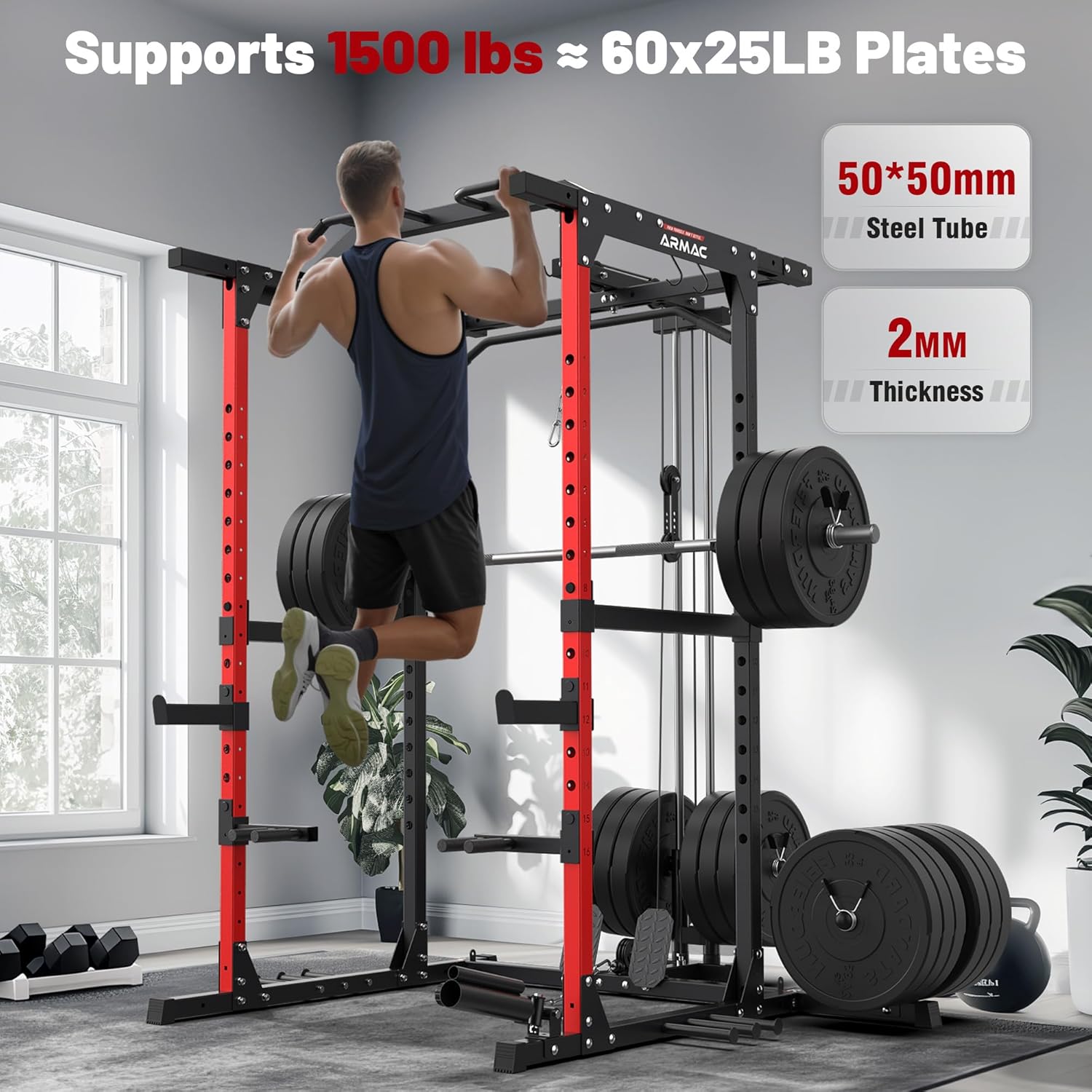 ARMAC Power Cage,1500lbs Multi-Function Power Rack with Adjustable Cable Crossover System and More Training Attachment (black) - Image 3