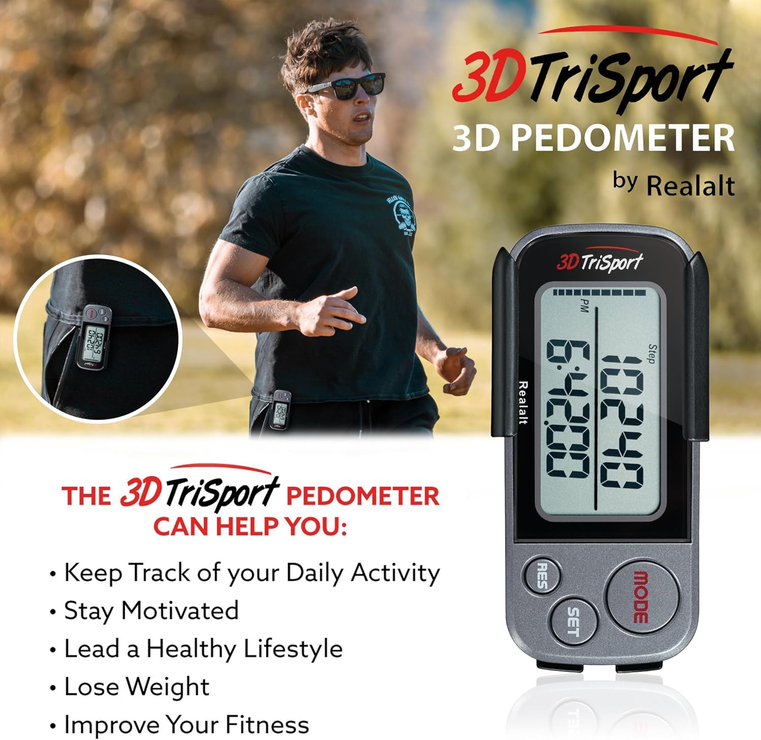 Realalt 3DTriSport Walking 3D Pedometer with Clip & Strap, eBook Included 30 Days Memory Accurate Step Counter, Walking Distance Miles/Km, Calorie Counter, Daily Exercise Time Monitor - Image 4