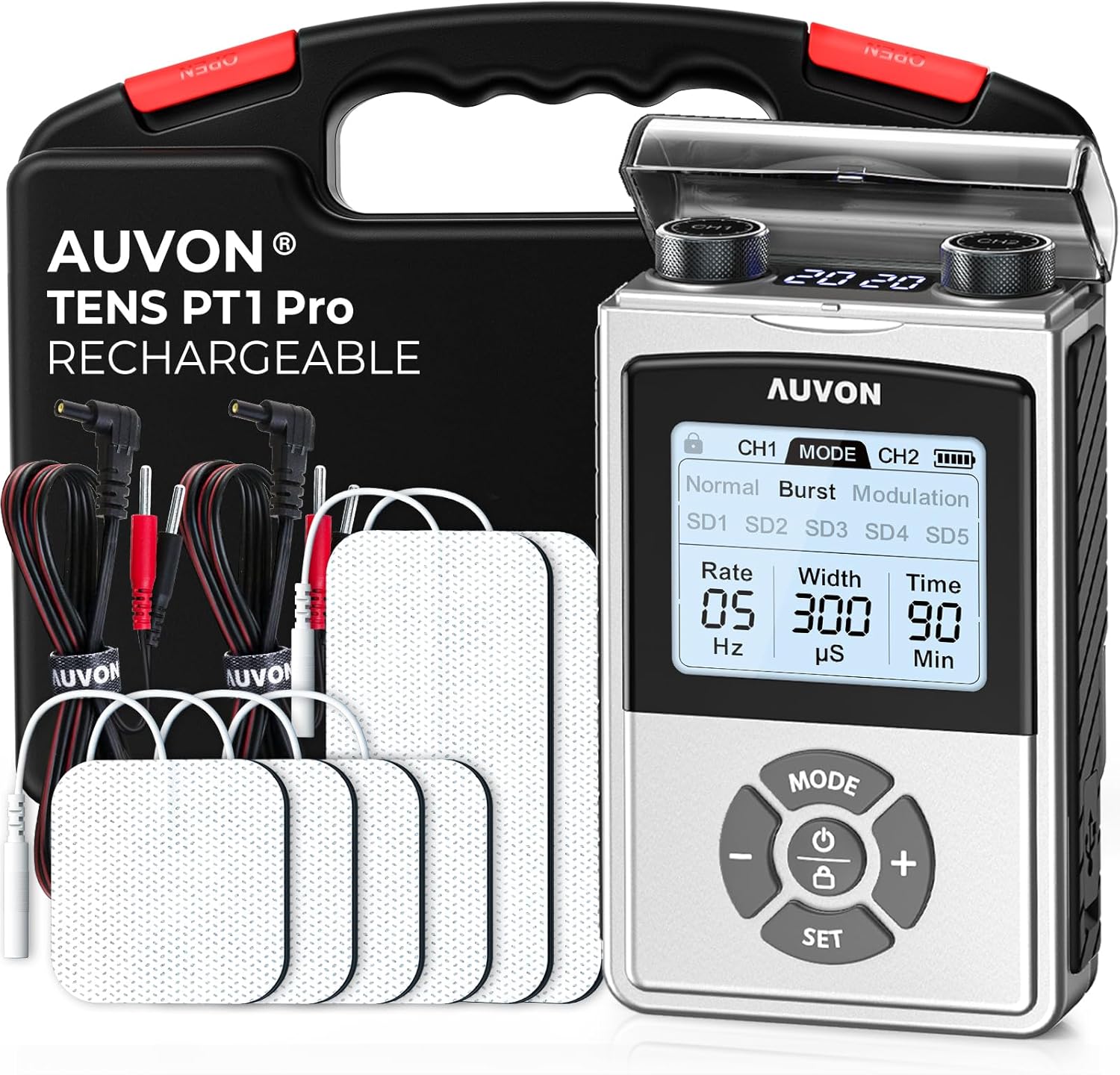 AUVON Rechargeable Digital TENS Unit Muscle Stimulator with 600 mAh Battery, TENS Machine with 8 Customizable Modes, Electric Massager for Shoulder, Back Pain Relief, 6 TENS Pads, A Carry Case - Image 2