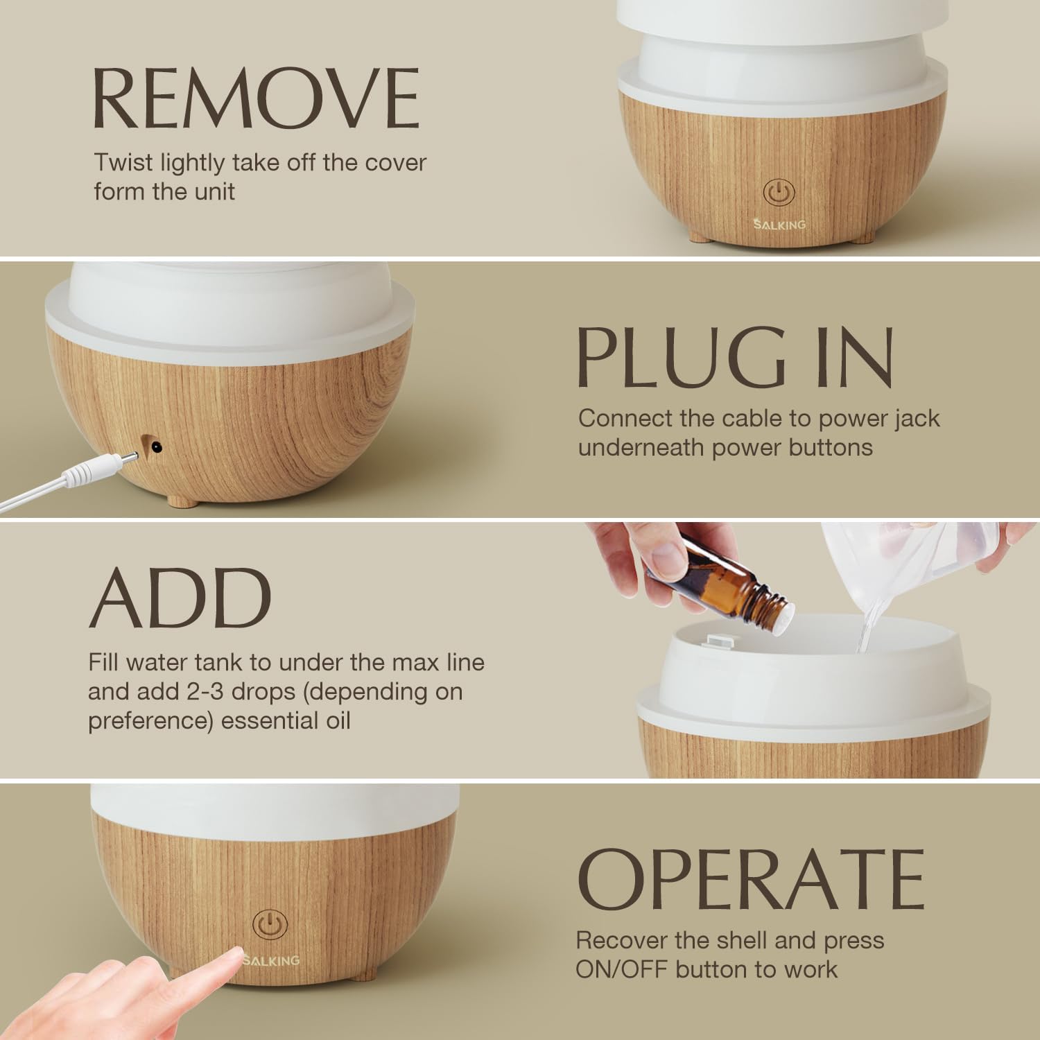 SALKING Essential Oil Diffuser, 100ml Small Aromatherapy Diffuser with Auto Shut-Off Function, Ultrasonic Diffusers for Essential Oils, Cool Mist Humidifier with Warm White Lights, for Office Home - Image 8