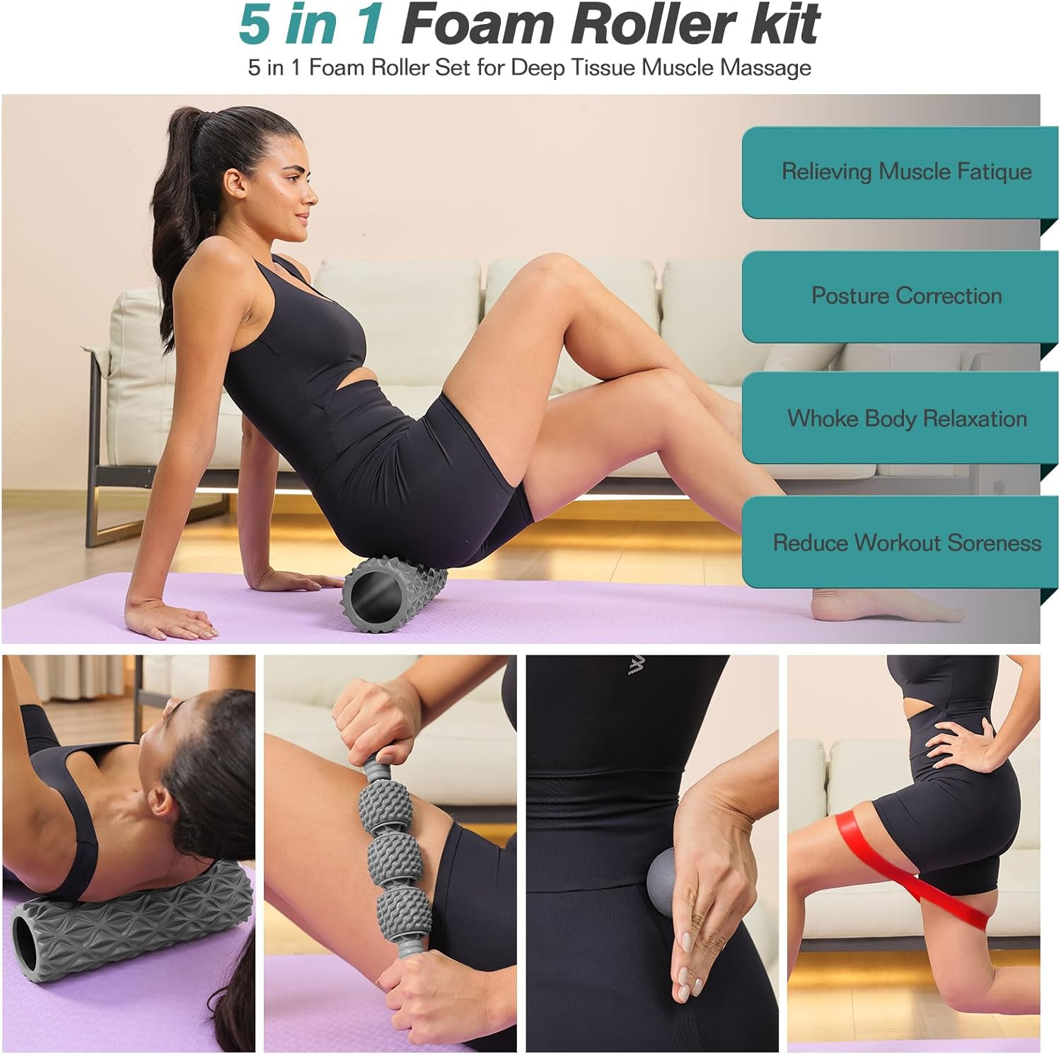5 in 1 Foam Roller Set - Trigger Point Foam Back Roller, Muscle Roller Stick, Massage Ball, Stretching Band for Deep Muscle Massage Pilates Yoga,Fitness Exercise for Whole Body Release - Image 8