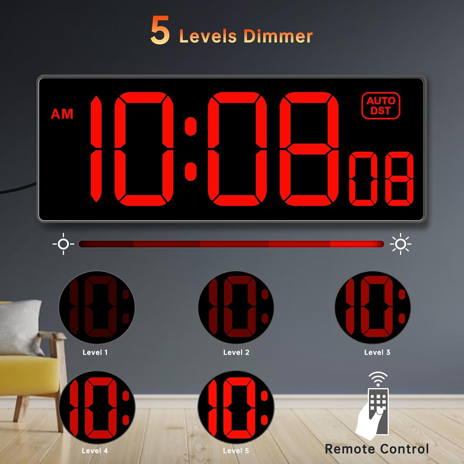 Soobest Digital Wall Clock with Seconds for Gym, Remote Countdown Timer Large LED Display 5 Dimmer (10.2" Red) - Image 4