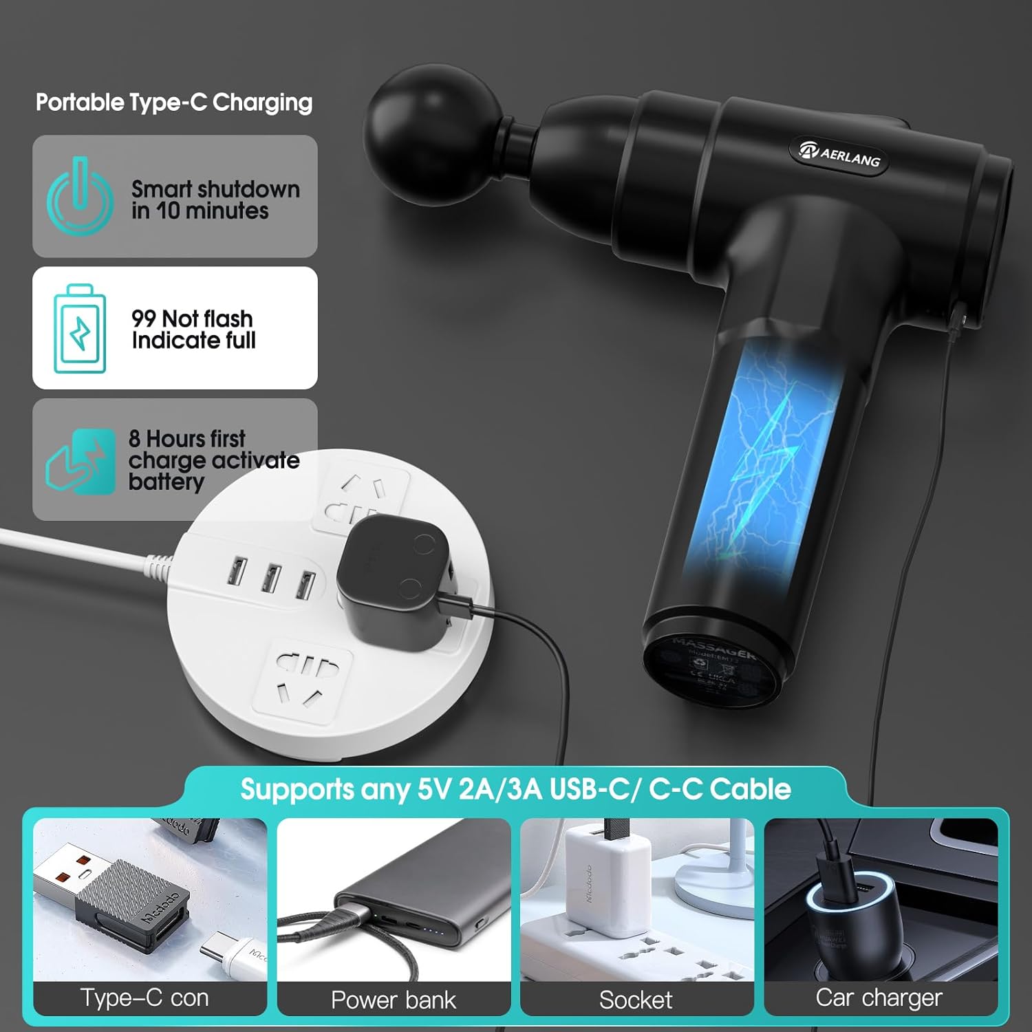 AERLANG Massage Gun, Deep Tissue Muscle Back Massage for Athletes Pain Relief, Percussion Massager with 6 Massages Heads & 20 Speed Fathers Birthday Day Gifts from Daughter Portable Back Massager Gun - Image 6