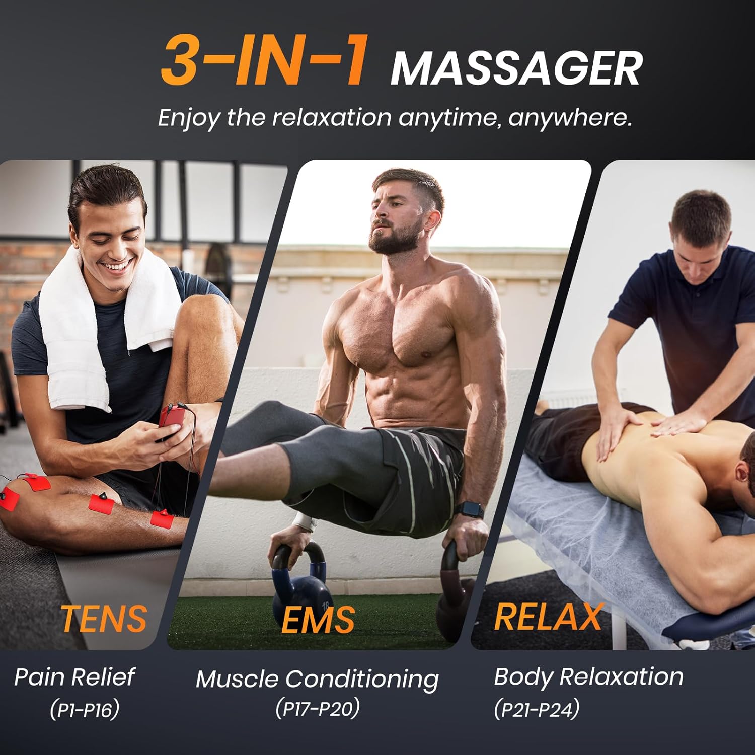 Dual Channel TENS Unit Muscle Stimulator, 3-in-1 EMS TENS Machine with 24 Modes & 40 Levels, Rechargeable EMS Massager for Neck, Shoulder, Sciatica & Back Pain Relief with 12 Pads, EVA Case - Image 4