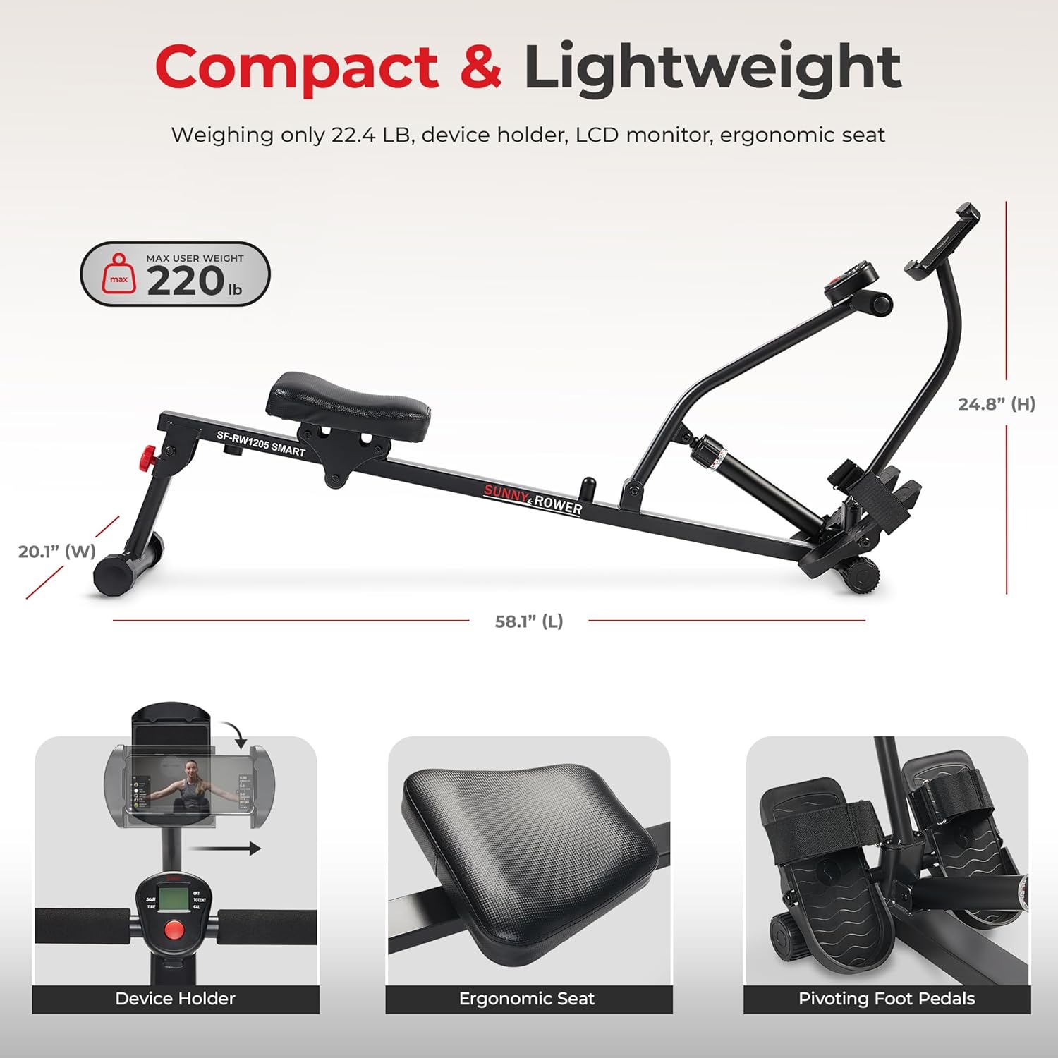 Sunny Health & Fitness Compact Adjustable Rowing Machine with 12 Levels of Resistance for Complete Body Workouts and Optional Free SunnyFit App Enhanced Connectivity - Image 6