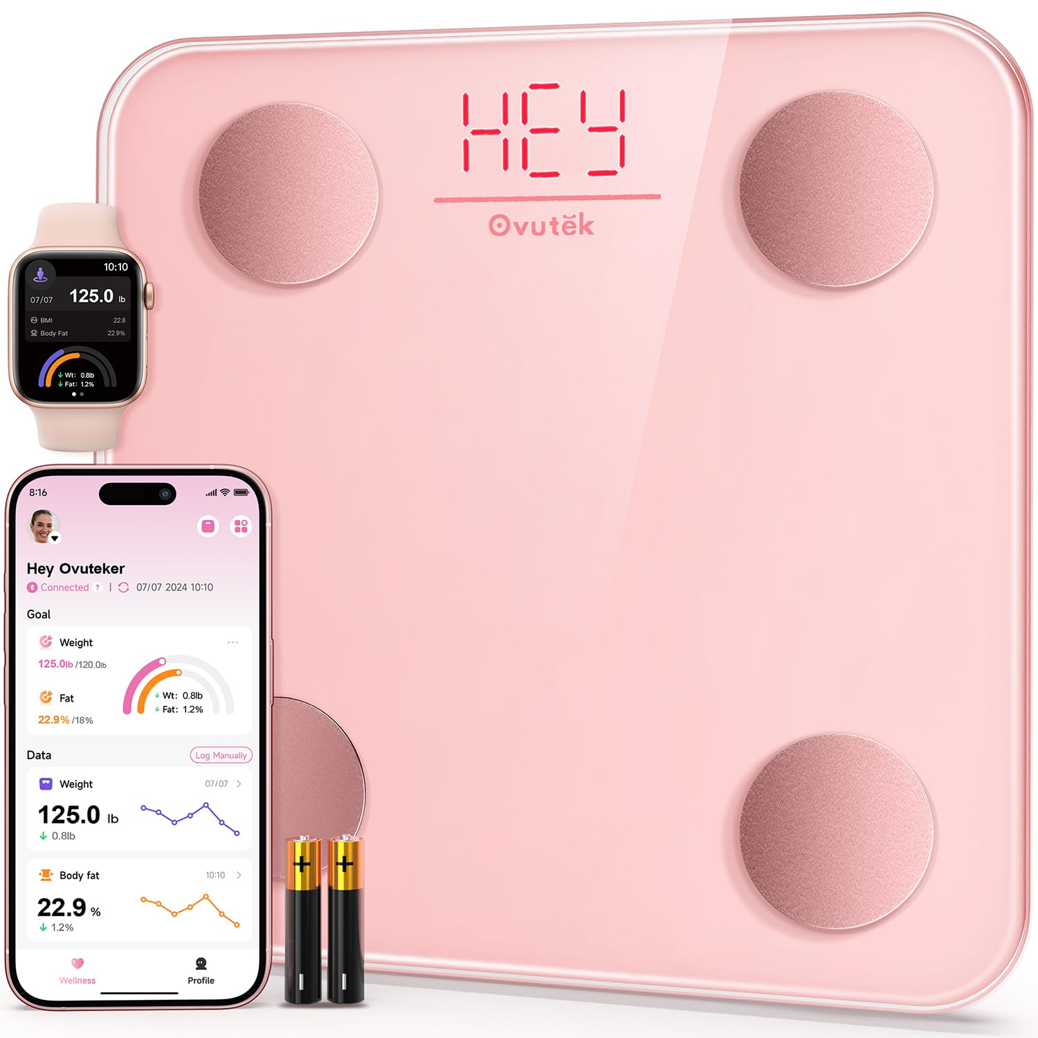 Ovutek Smart Scale for Body Weight, Digital Bathroom Scale BMI Weighing Body Fat Scale, Accurate Body Composition Scale Monitor for People's Health with Smartphone App, Compact Size, 400lb (Pink) - Image 2