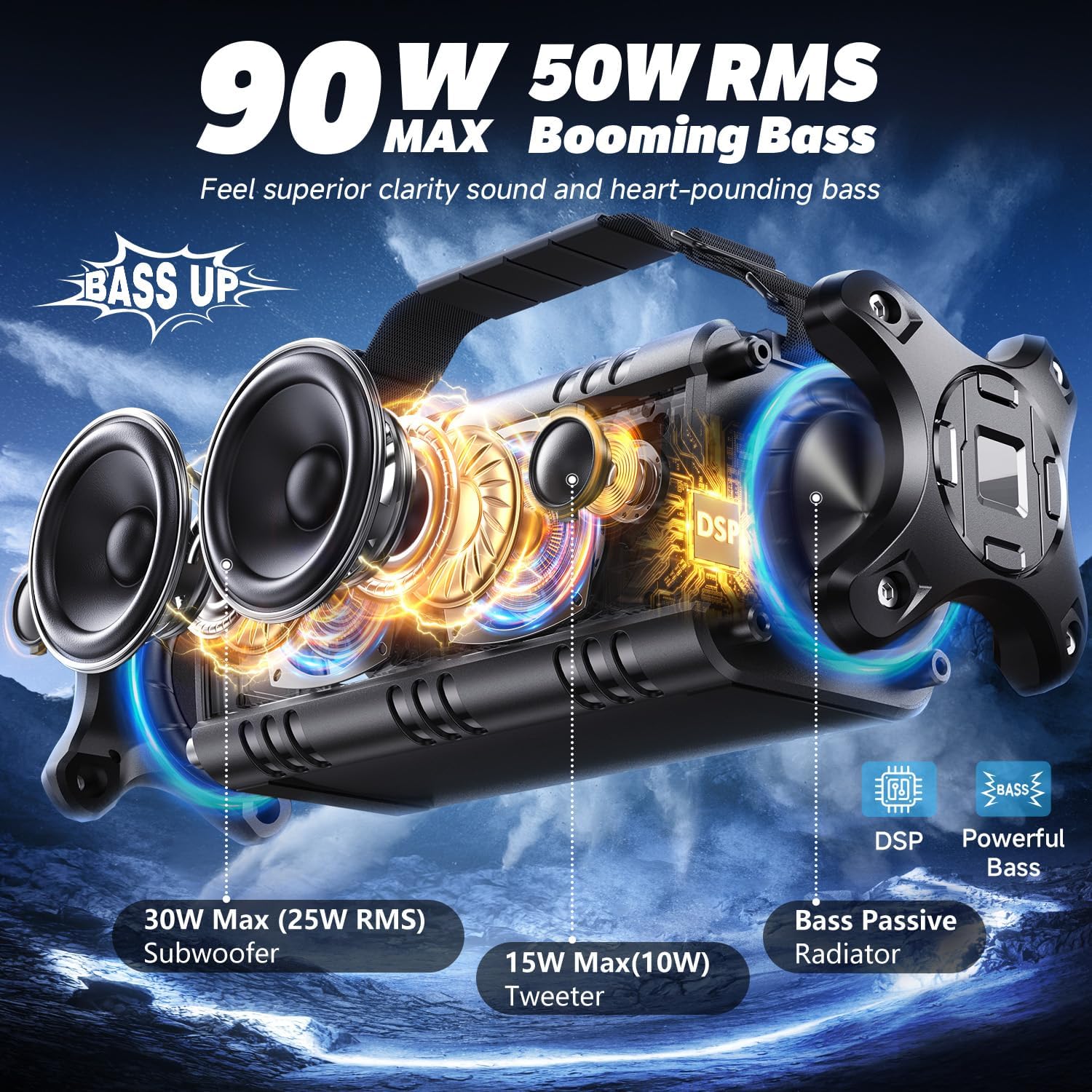 W-KING Bluetooth Speaker, 90W Max Portable Outdoor Speaker Loud, IPX6 Waterproof/50W Deep Bass Subwoofer/40H/EQ/Dual Pairing/TF/AUX, Large Boombox Speakers Bluetooth Wireless for Party/Beach/Jobside - Image 3