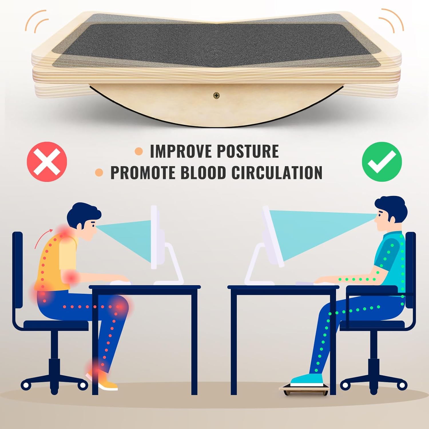 Balance Board Professional Wobble Board for Adults Anti-Slip 350LBS Balance Boards for Physical Therapy Standing Desk Core Strength Wooden Balance Board Rocker Board - Image 4