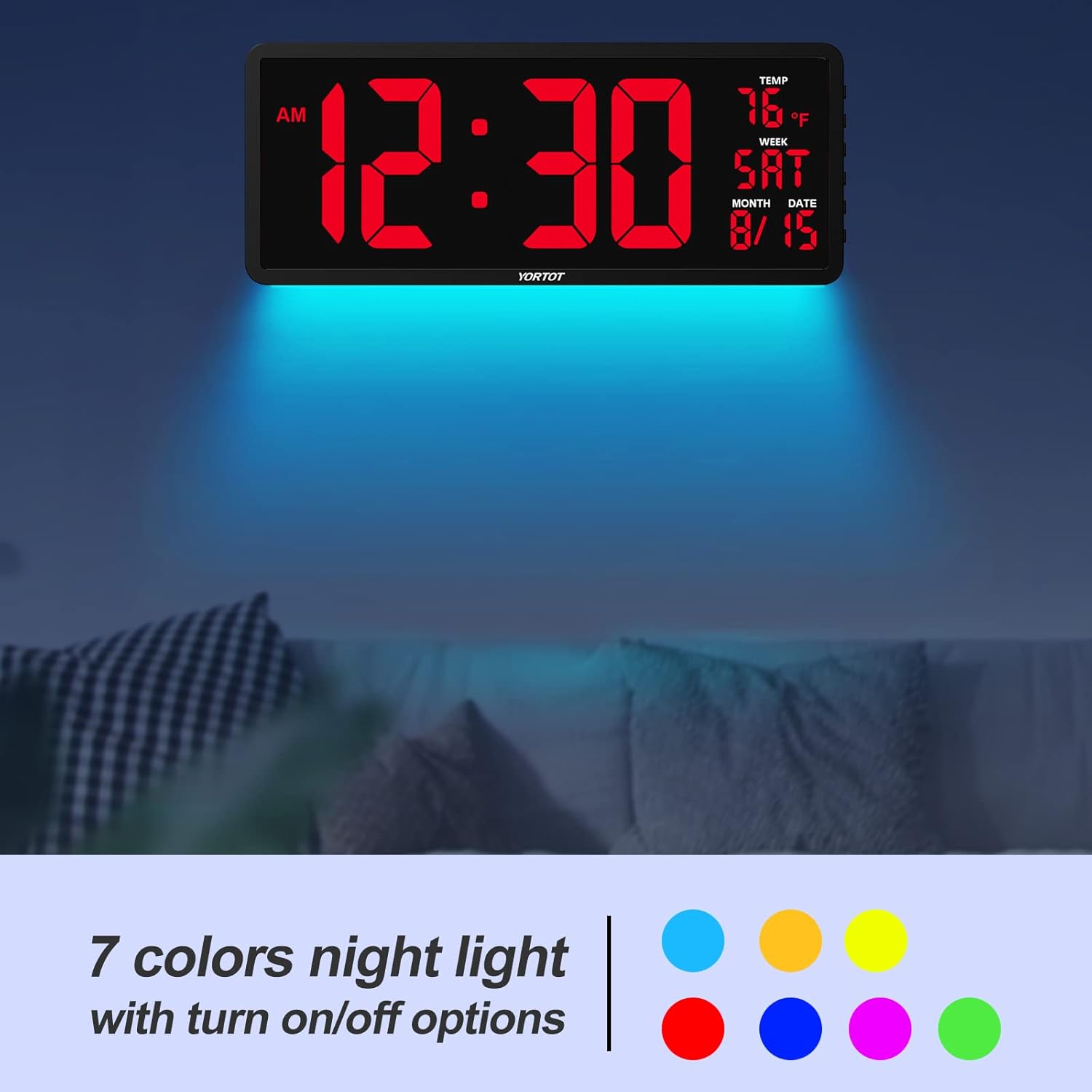 YORTOT 16" Digital Wall Clock Gym Timer with 7 Colors Light & Remote Control - Larger LED Display with Indoor Temperature | Date, Workout Timer with Count Down & Up | Stopwatch for Home Gym Garage - Image 7