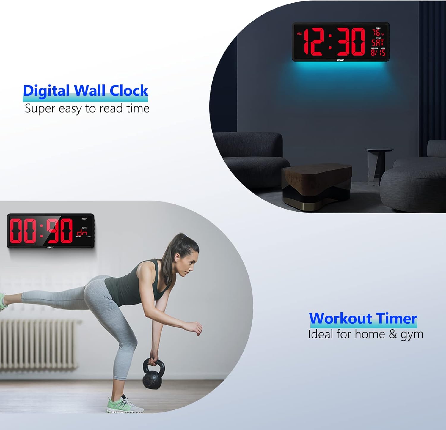 YORTOT 16" Digital Wall Clock Gym Timer with 7 Colors Light & Remote Control - Larger LED Display with Indoor Temperature | Date, Workout Timer with Count Down & Up | Stopwatch for Home Gym Garage - Image 4