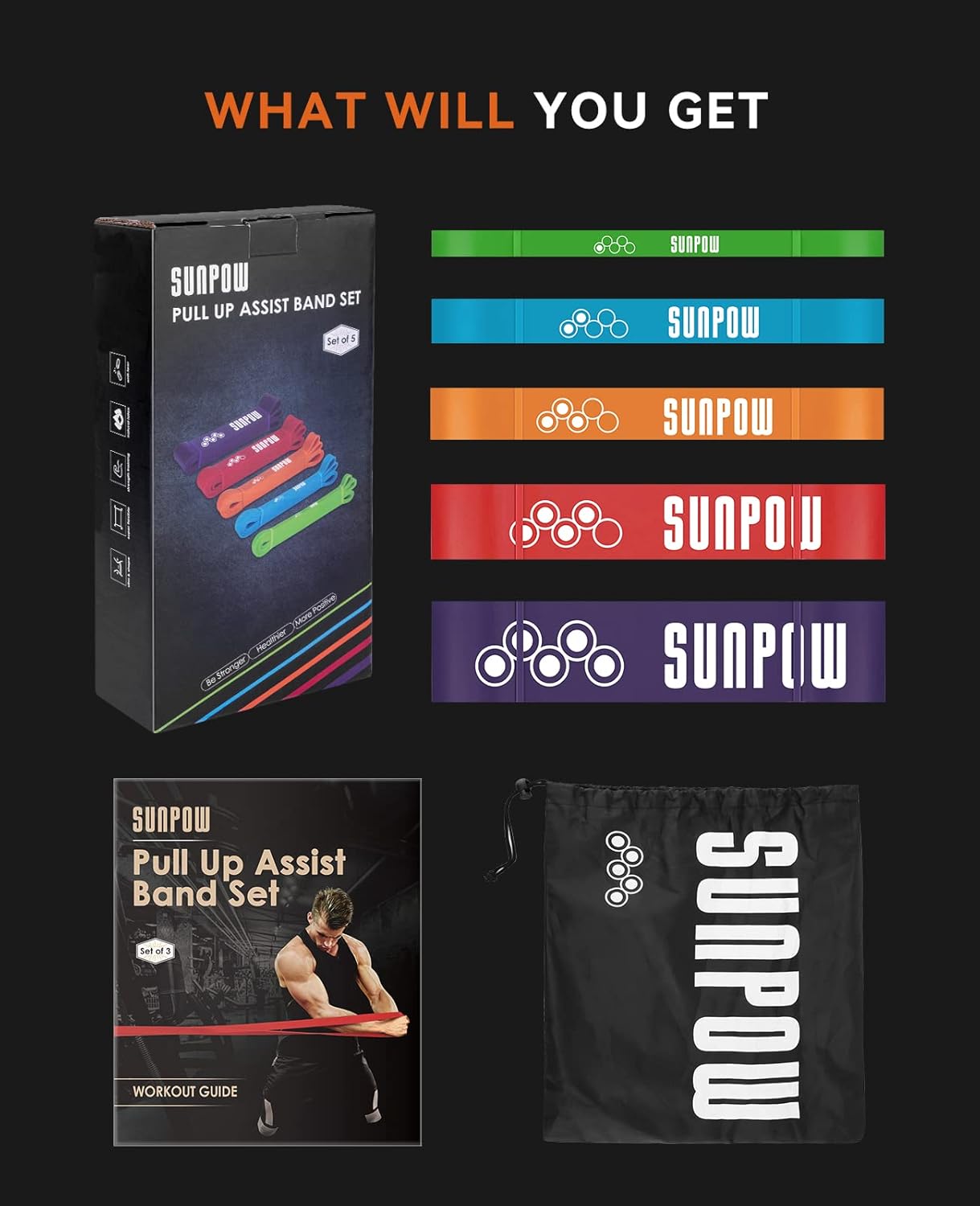 SUNPOW Pull Up Assistance Bands - Set of 5 Resistance Heavy Duty Workout Exercise Stretch Fitness Bands Assist Set for Body, Instruction Guide and Carry Bag Included - Image 8