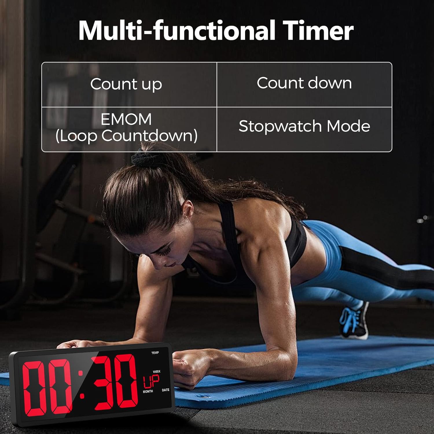 YORTOT 16" Digital Wall Clock Gym Timer with 7 Colors Light & Remote Control - Larger LED Display with Indoor Temperature | Date, Workout Timer with Count Down & Up | Stopwatch for Home Gym Garage - Image 6