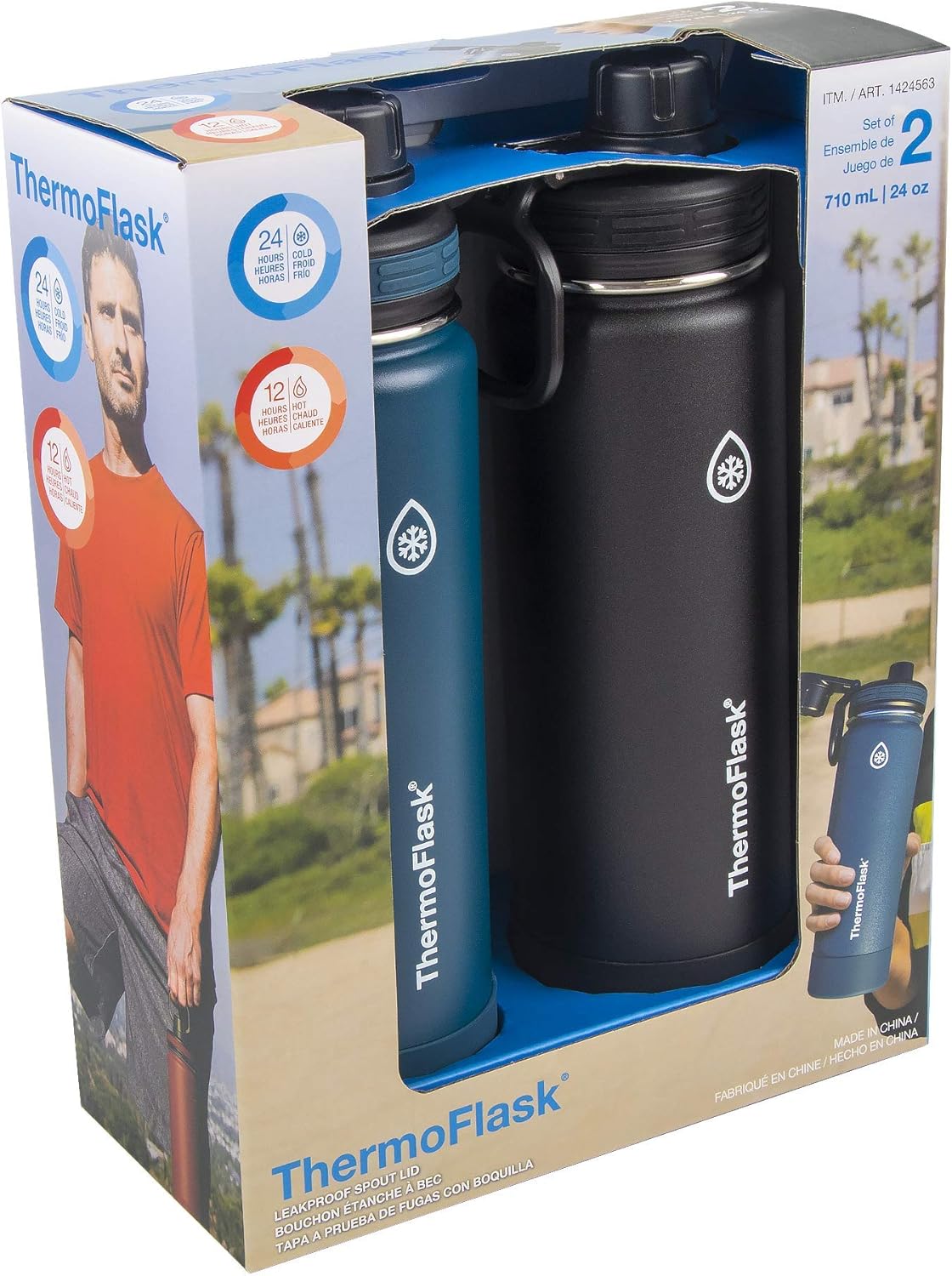 ThermoFlask Stainless Steel Water Bottles 2-Pack - Double-Wall Vacuum Insulated 24 oz BPA-Free Spout Lids - Keeps Drinks Cold 24 Hrs, Hot 12 Hrs - Leakproof, Dishwasher Safe, Mayan Blue/Black - Image 3