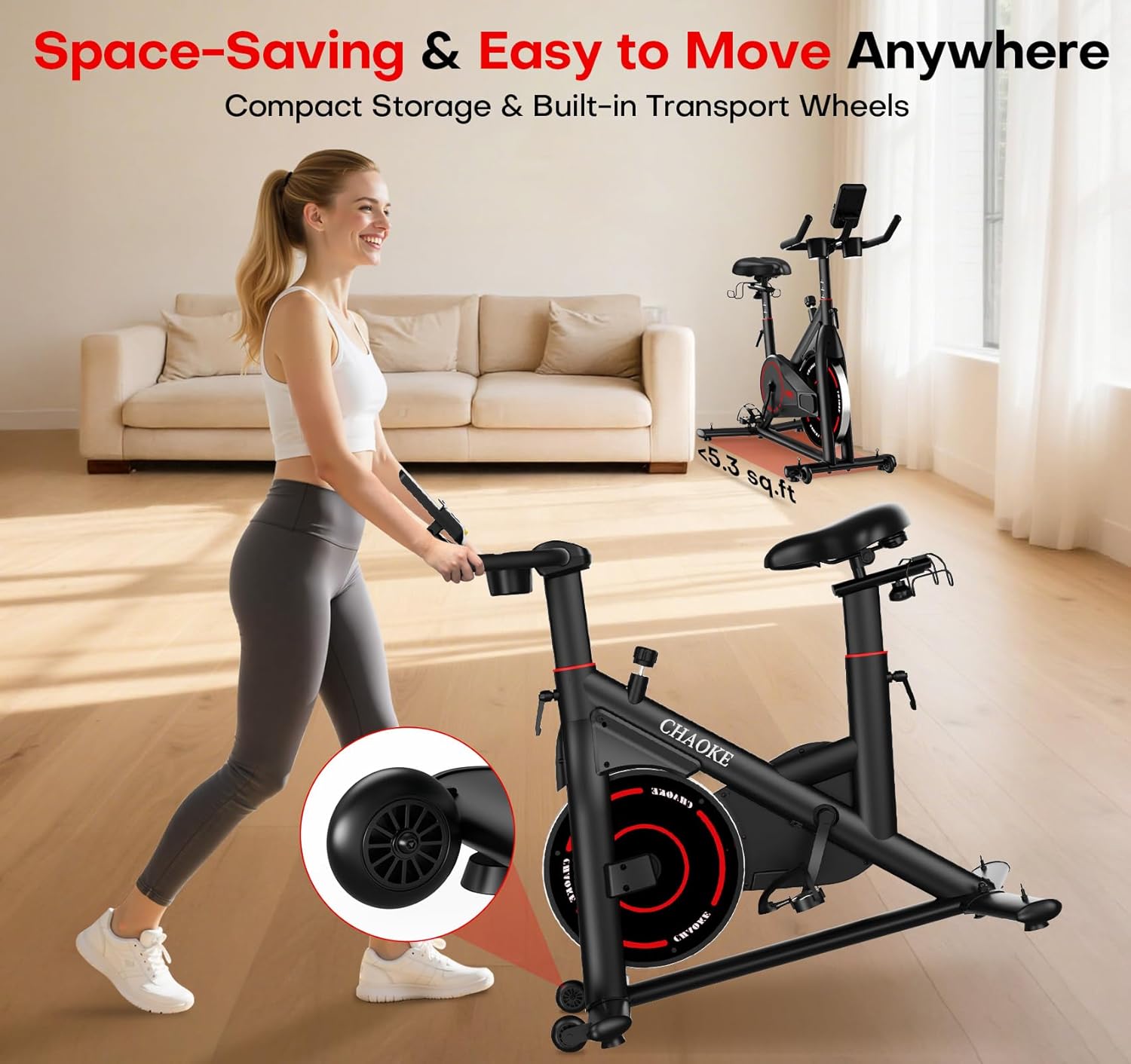 CHAOKE Exercise Bike, Quiet Adjustable Magnetic Stationary Bike for Home Cardio with App Compatible, 350LB Weight Capacity Indoor Cycling Bike with Large Seat, Dumbbell Rack, Pull Cords & LCD Display - Image 10
