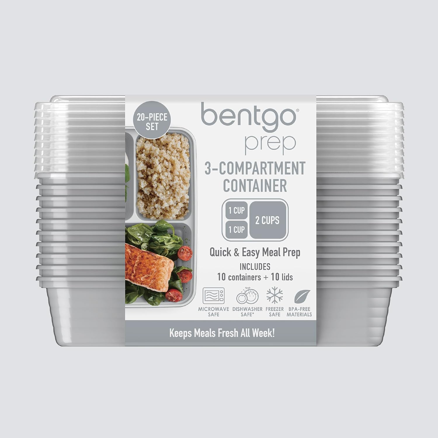 Bentgo Prep - 20-Piece 3-Compartment Reusable Meal Prep Containers with Lids, PFAS & BPA Free Materials, Durable, Microwave, Freezer, & Dishwasher Safe To Go Food Storage (Silver) - Image 9