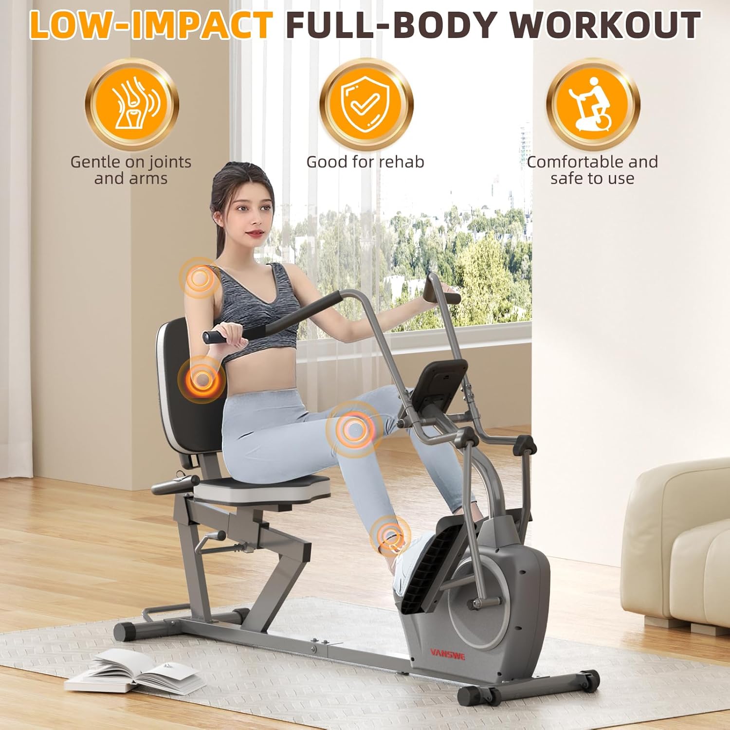 VANSWE Recumbent Elliptical Cross Trainer – Full-Body Low-Impact Recumbent Exercise Bike with Bluetooth App, Magnetic Resistance, Quiet Belt Drive for Seniors & Home Rehab - Image 3