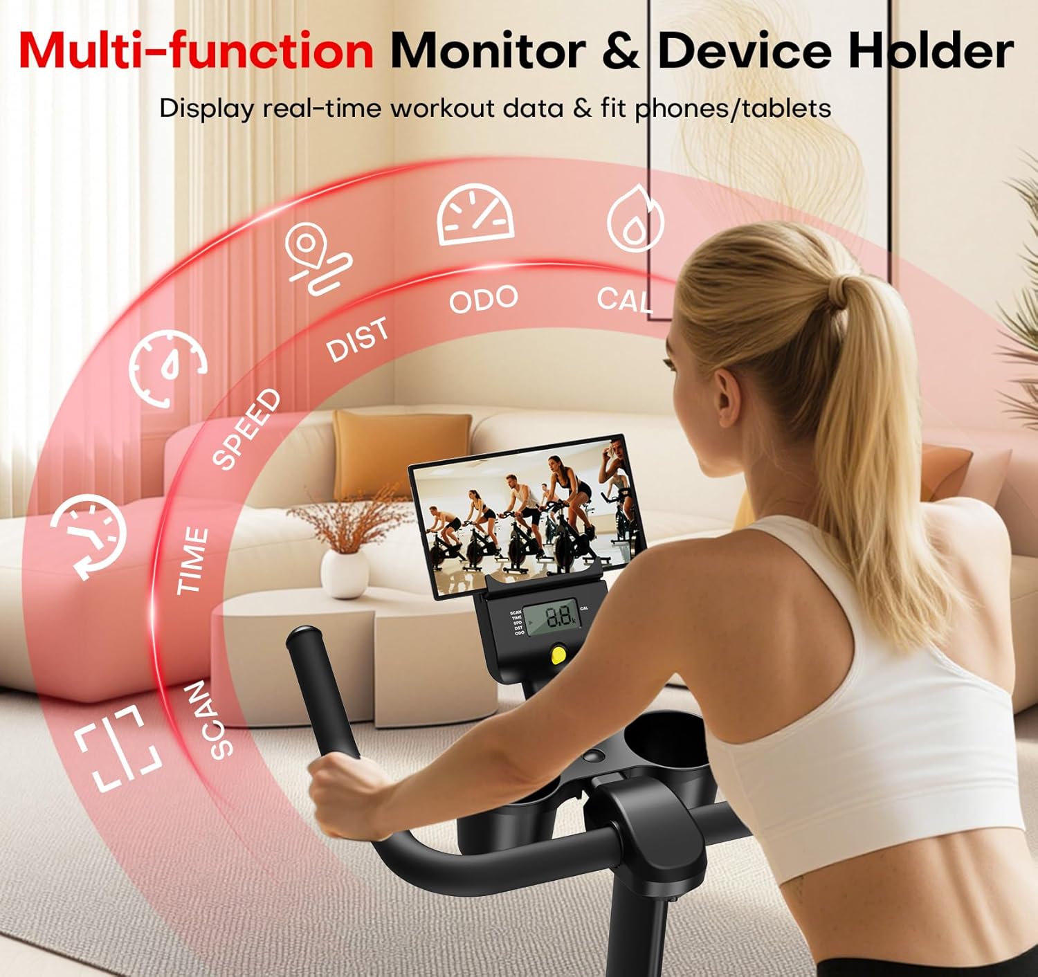 CHAOKE Exercise Bike, Quiet Adjustable Magnetic Stationary Bike for Home Cardio with App Compatible, 350LB Weight Capacity Indoor Cycling Bike with Large Seat, Dumbbell Rack, Pull Cords & LCD Display - Image 8