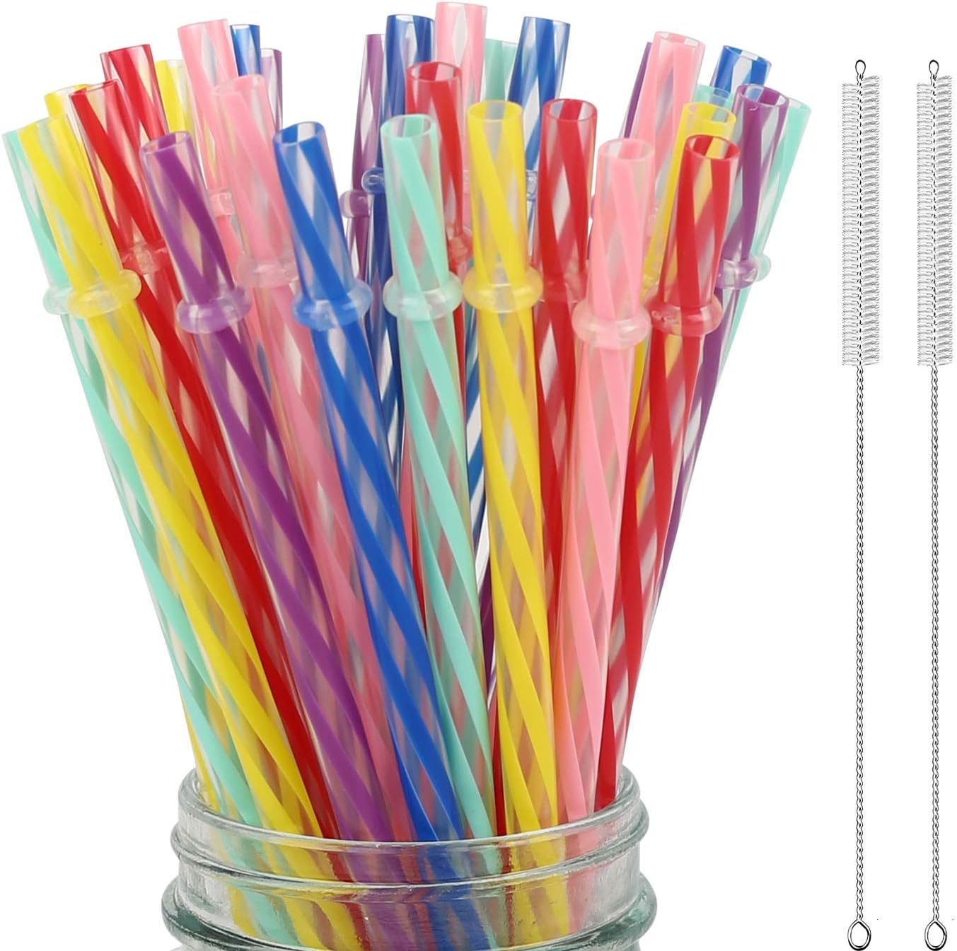 33 Pieces Reusable Plastic Straws Fit for Mason Jars, Tumblers, 9 Inches Transparent Colored Unbreakable Drinking Straws with 1 Straw Carrying Case and 2 Cleaning Brushes, BPA Free and Eco-friendly - Image 2