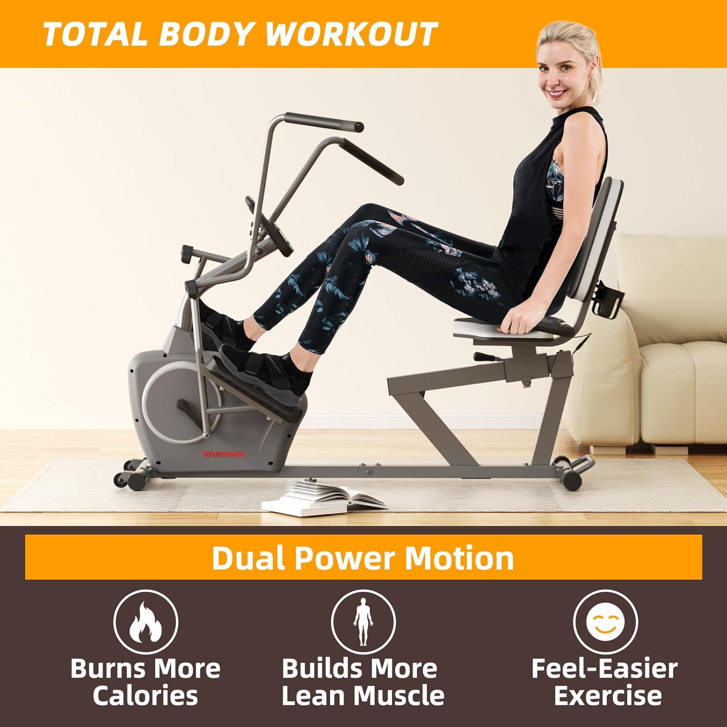 VANSWE Recumbent Elliptical Cross Trainer – Full-Body Low-Impact Recumbent Exercise Bike with Bluetooth App, Magnetic Resistance, Quiet Belt Drive for Seniors & Home Rehab - Image 6