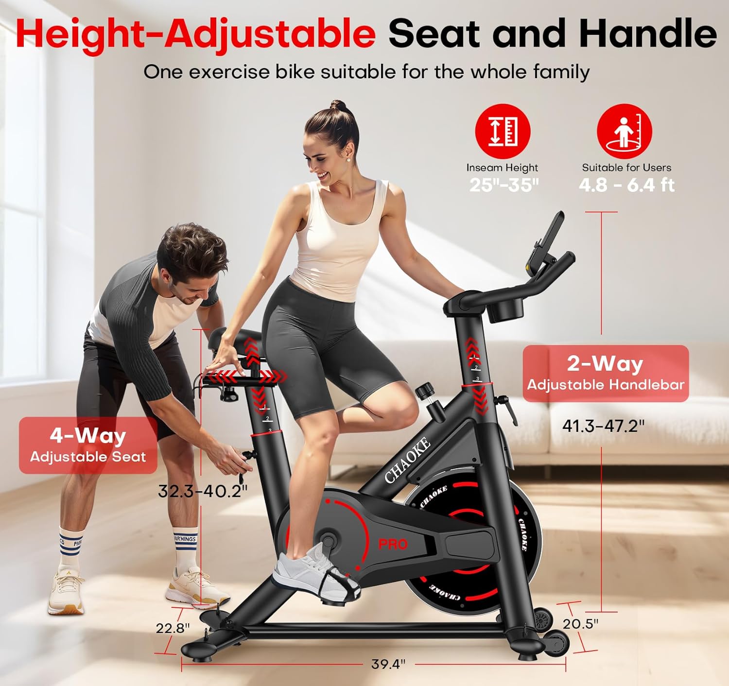 CHAOKE Exercise Bike, Quiet Adjustable Magnetic Stationary Bike for Home Cardio with App Compatible, 350LB Weight Capacity Indoor Cycling Bike with Large Seat, Dumbbell Rack, Pull Cords & LCD Display - Image 7