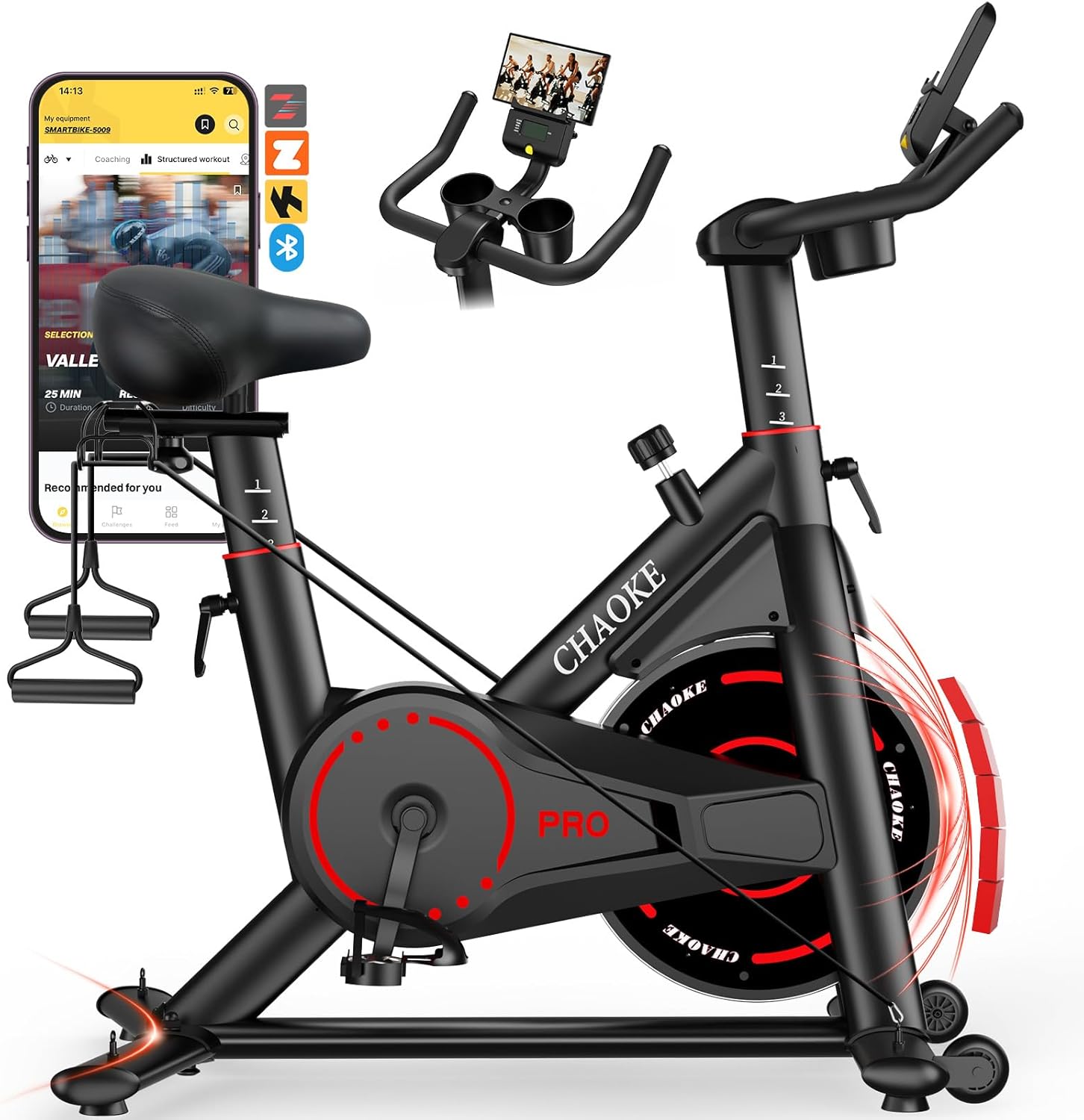 CHAOKE Exercise Bike, Quiet Adjustable Magnetic Stationary Bike for Home Cardio with App Compatible, 350LB Weight Capacity Indoor Cycling Bike with Large Seat, Dumbbell Rack, Pull Cords & LCD Display - Image 2
