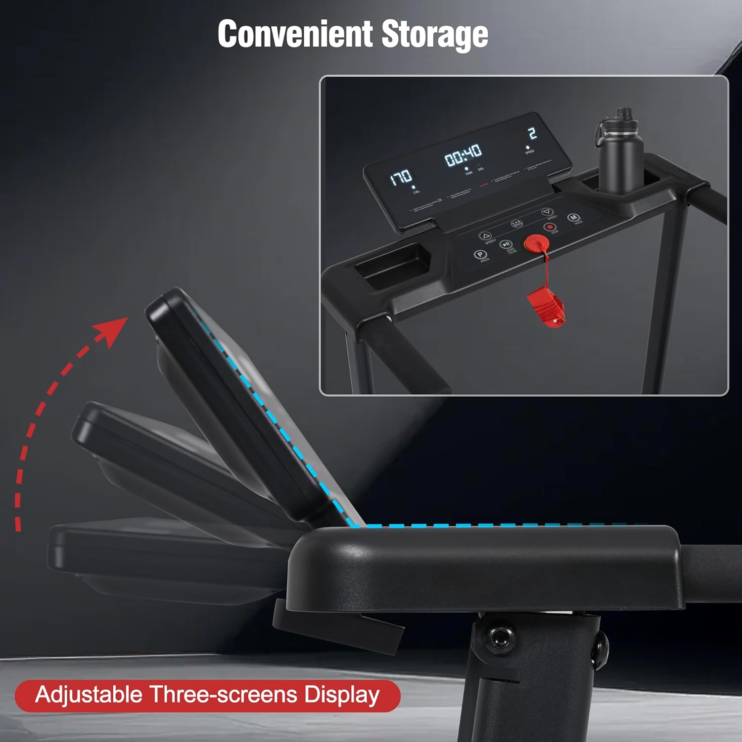 Merax 15% Treadmills for Home with Handle, 3 in 1 Portable Treadmill with Incline, Foldable Treadmill with Three Screen, 12 Preset Programs, Walking pad with Handle bar, 300LBS Capacity - Image 8