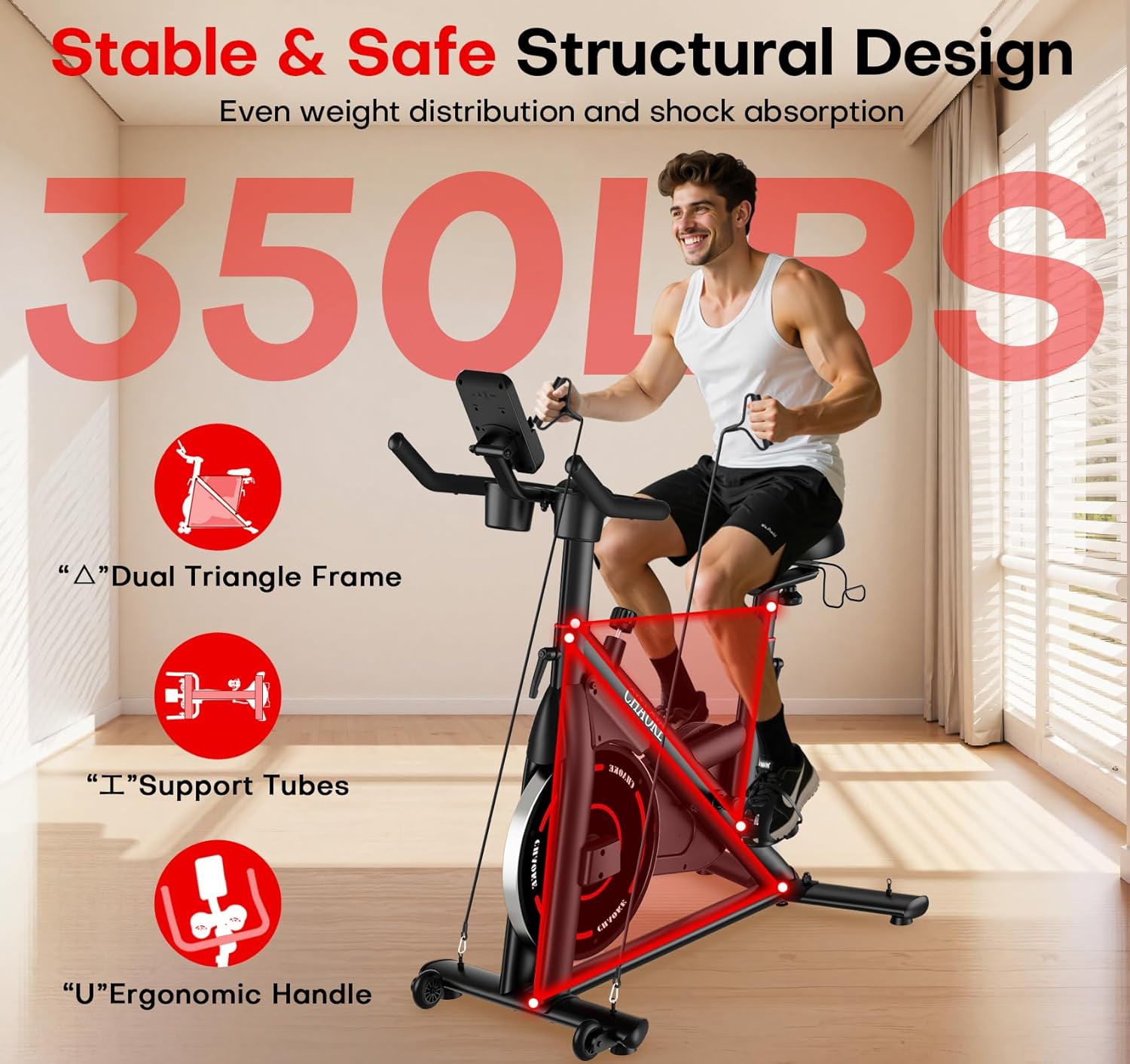 CHAOKE Exercise Bike, Quiet Adjustable Magnetic Stationary Bike for Home Cardio with App Compatible, 350LB Weight Capacity Indoor Cycling Bike with Large Seat, Dumbbell Rack, Pull Cords & LCD Display - Image 5