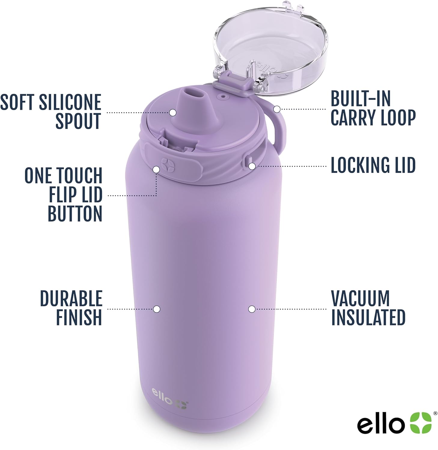 Ello Cooper 22oz Stainless Steel Water Bottle with Straw and Carry Handle, Double Walled and Vacuum Insulated Metal, Leak Proof Locking Lid with Soft Silicone Spout, Reusable, BPA Free, Lilac - Image 4