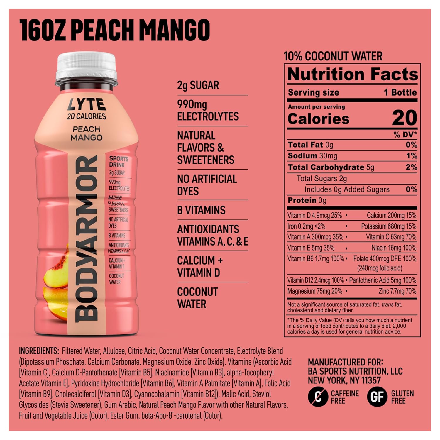 BODYARMOR LYTE Sports Drink Low-Calorie Sports Beverage, Peach Mango, Coconut Water Hydration, Natural Flavors With Vitamins, Potassium-Packed Electrolytes, Perfect For Athletes, 16 Fl Oz (Pack of 12) - Image 3