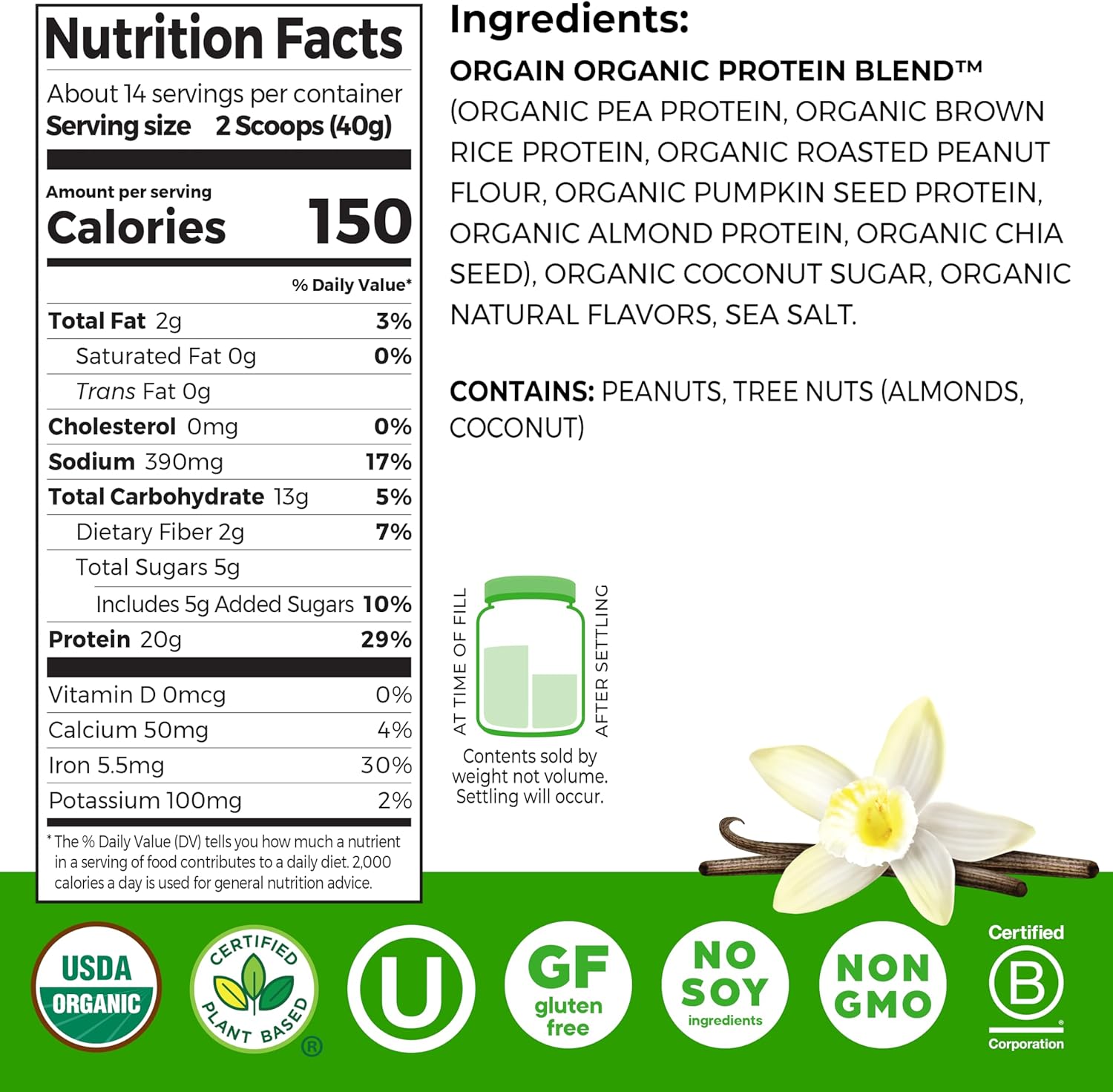 Orgain Organic Simple Vegan Protein Powder, Vanilla - 20g Plant Based Protein, Made with less Ingredients, No Artificial Sweeteners, Gluten Free, No Dairy or Lactose, 1.25 lb (Packaging May Vary) - Image 3