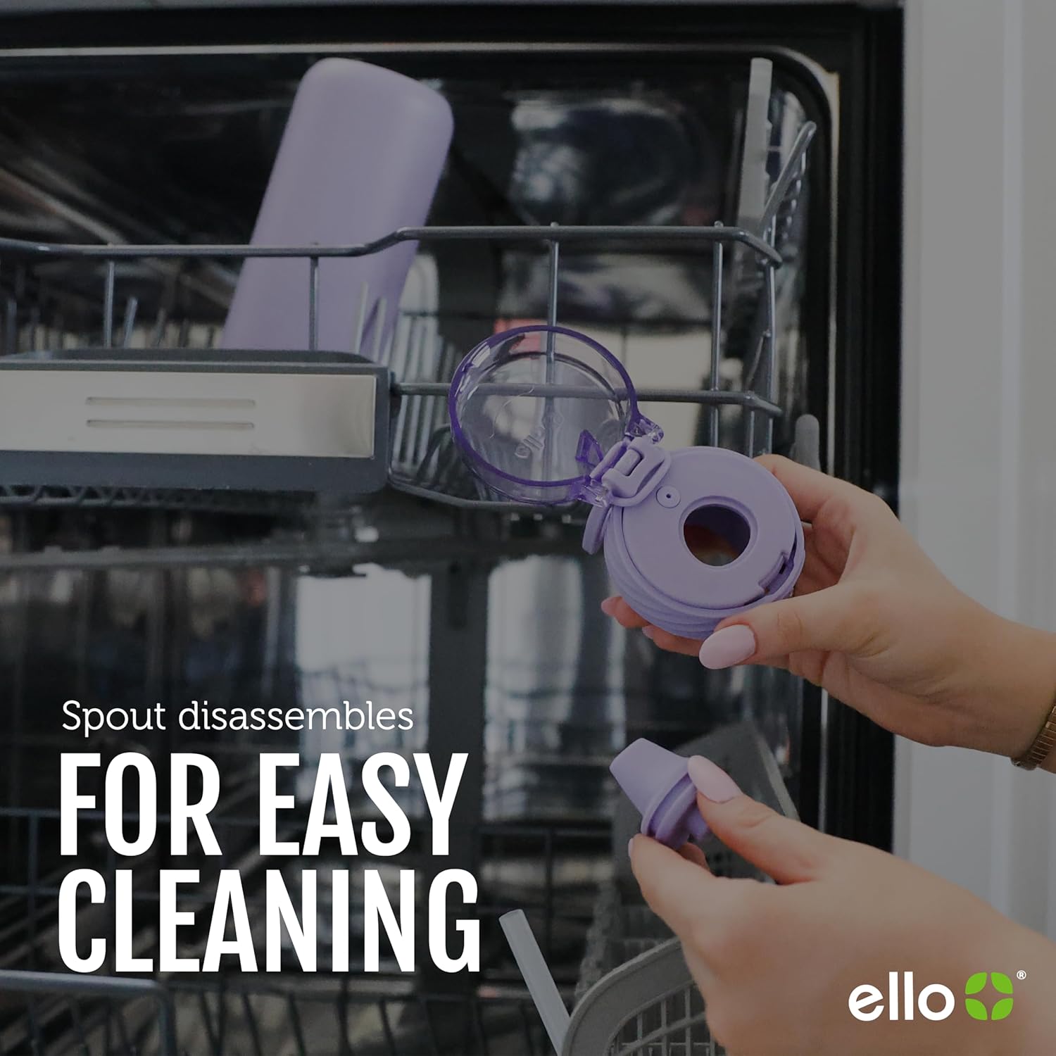 Ello Cooper 22oz Stainless Steel Water Bottle with Straw and Carry Handle, Double Walled and Vacuum Insulated Metal, Leak Proof Locking Lid with Soft Silicone Spout, Reusable, BPA Free, Lilac - Image 9