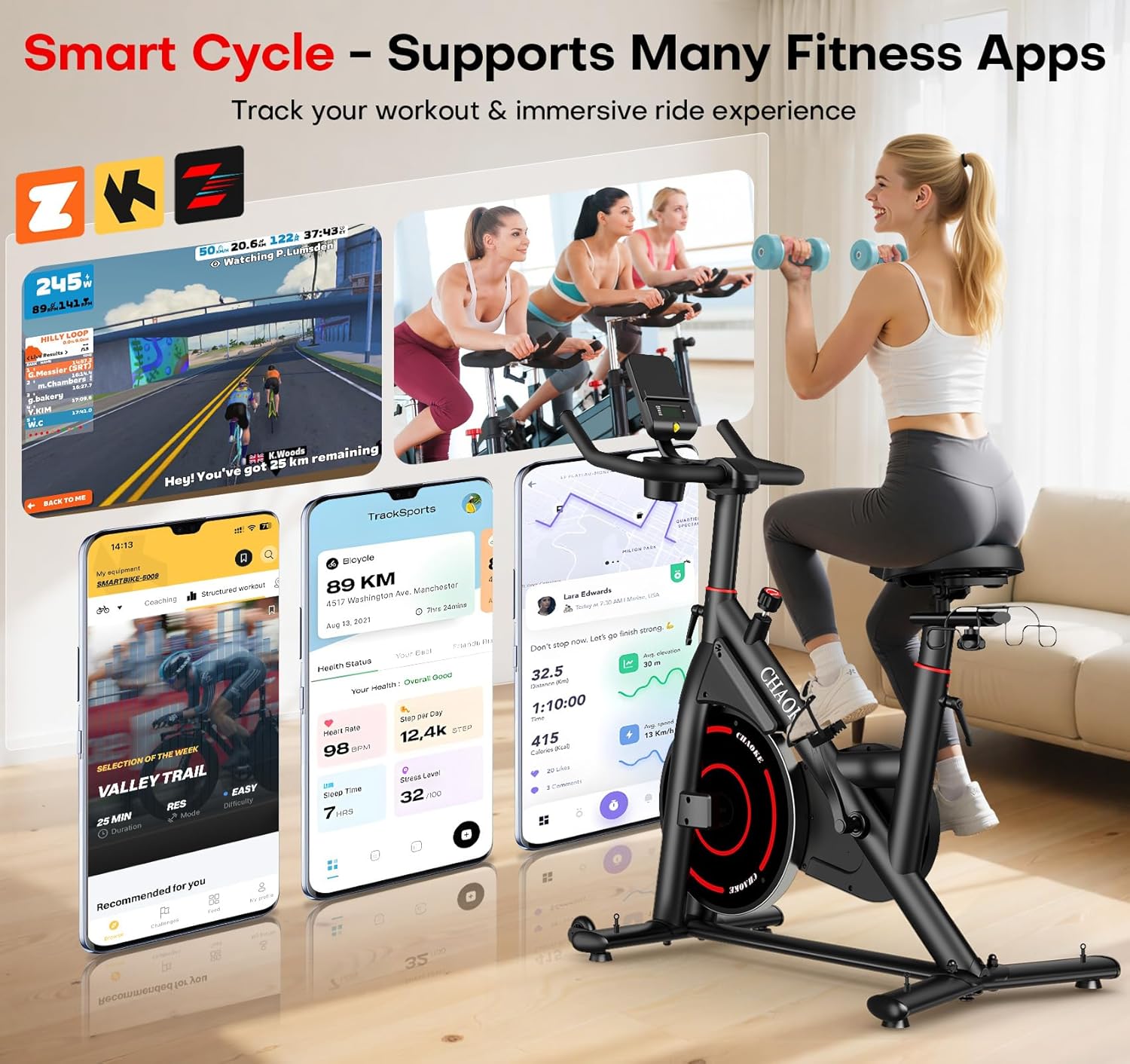 CHAOKE Exercise Bike, Quiet Adjustable Magnetic Stationary Bike for Home Cardio with App Compatible, 350LB Weight Capacity Indoor Cycling Bike with Large Seat, Dumbbell Rack, Pull Cords & LCD Display - Image 3