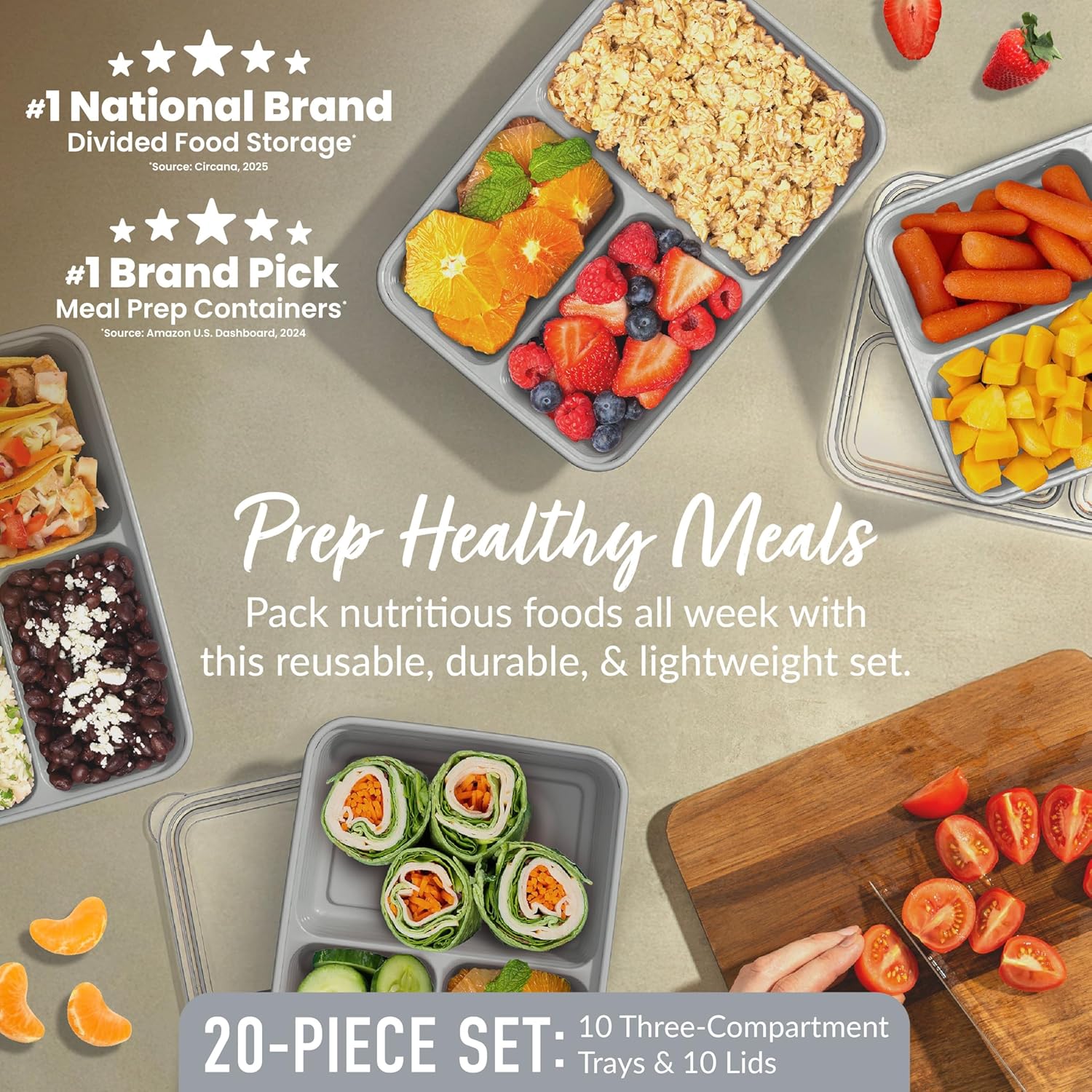 Bentgo Prep - 20-Piece 3-Compartment Reusable Meal Prep Containers with Lids, PFAS & BPA Free Materials, Durable, Microwave, Freezer, & Dishwasher Safe To Go Food Storage (Silver) - Image 3