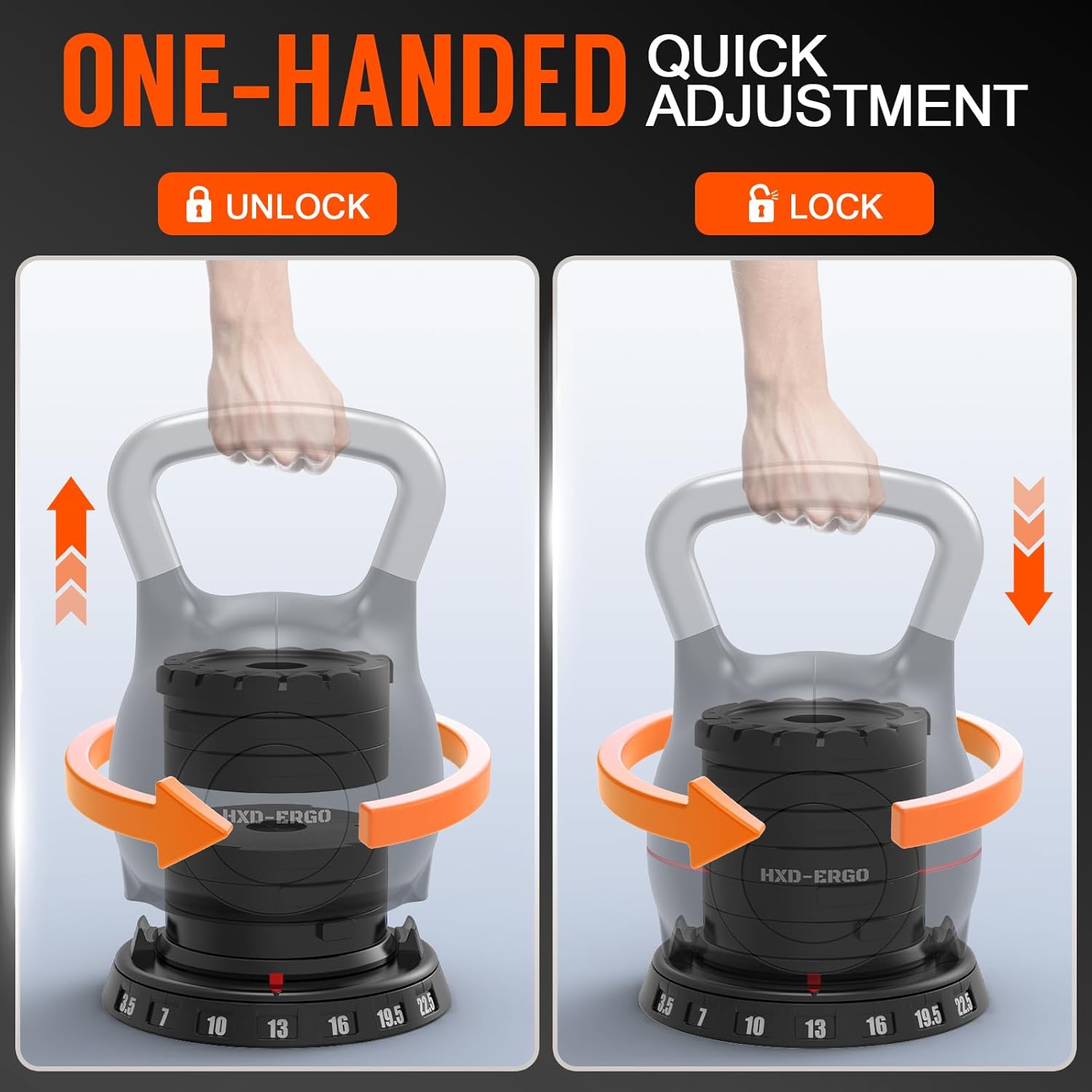 HXD-ERGO Adjustable Kettlebell Weight Set-Quickly Adjusts Weights, Comfortable Grip, Ergonomic Kettlebell Sets For Home Gym - Image 4