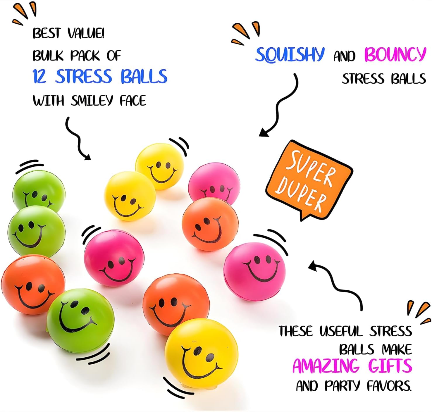 Neliblu Neon Smile Stress Balls for Adults and Kids - Foam Squeeze Ball for Relaxation and Fun - Pack of 12 Happy Face 2.5-Inch Squeeze Balls - Ideal for Parties, Therapy, and Toys - Image 4