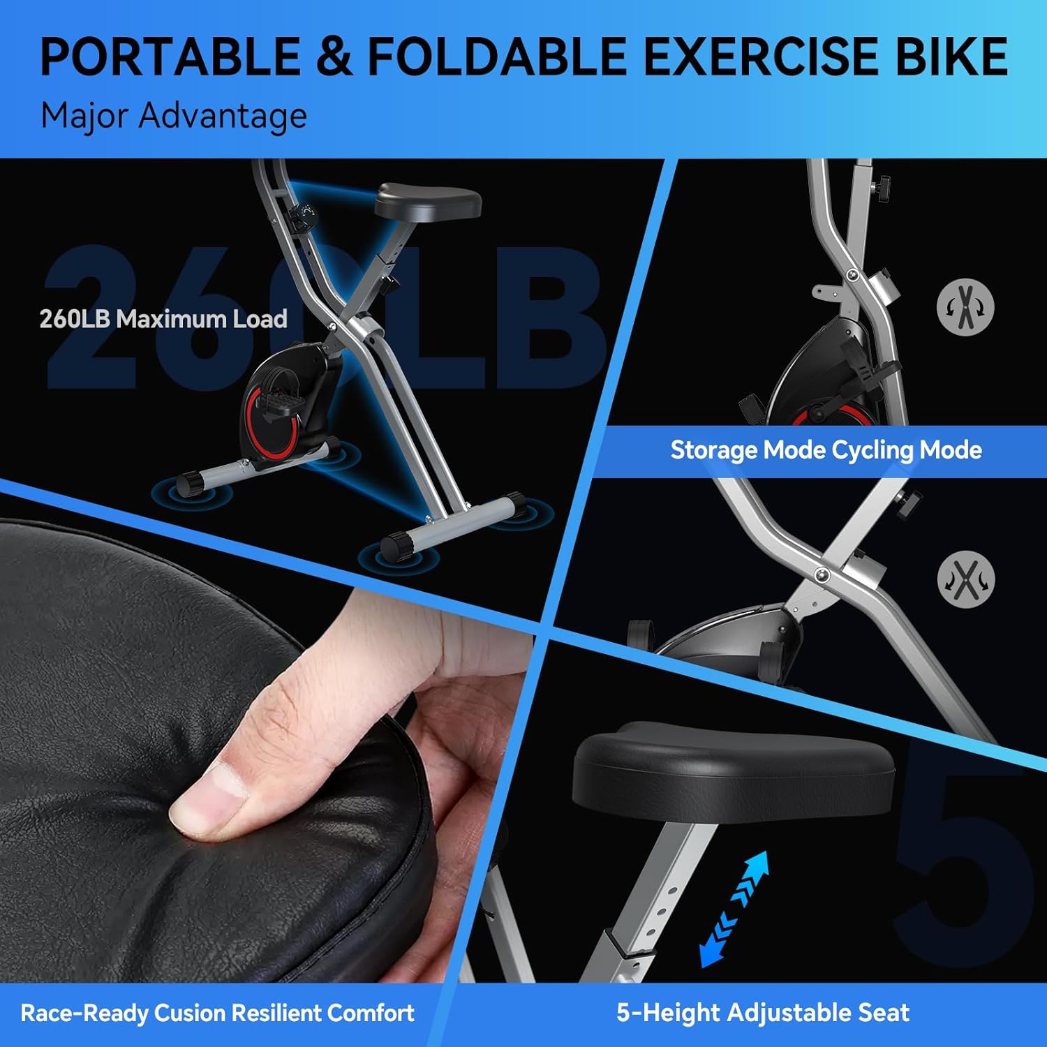 Foldable Exercise Bike for Small Apartments, Stationary Bikes for Home, Indoor Portable Cycling Bike with 16-Level Magnetic Resistance, 260LBS Capacity, 5.5 LBS Flywheel, for Small Space Workout 816 - Image 5