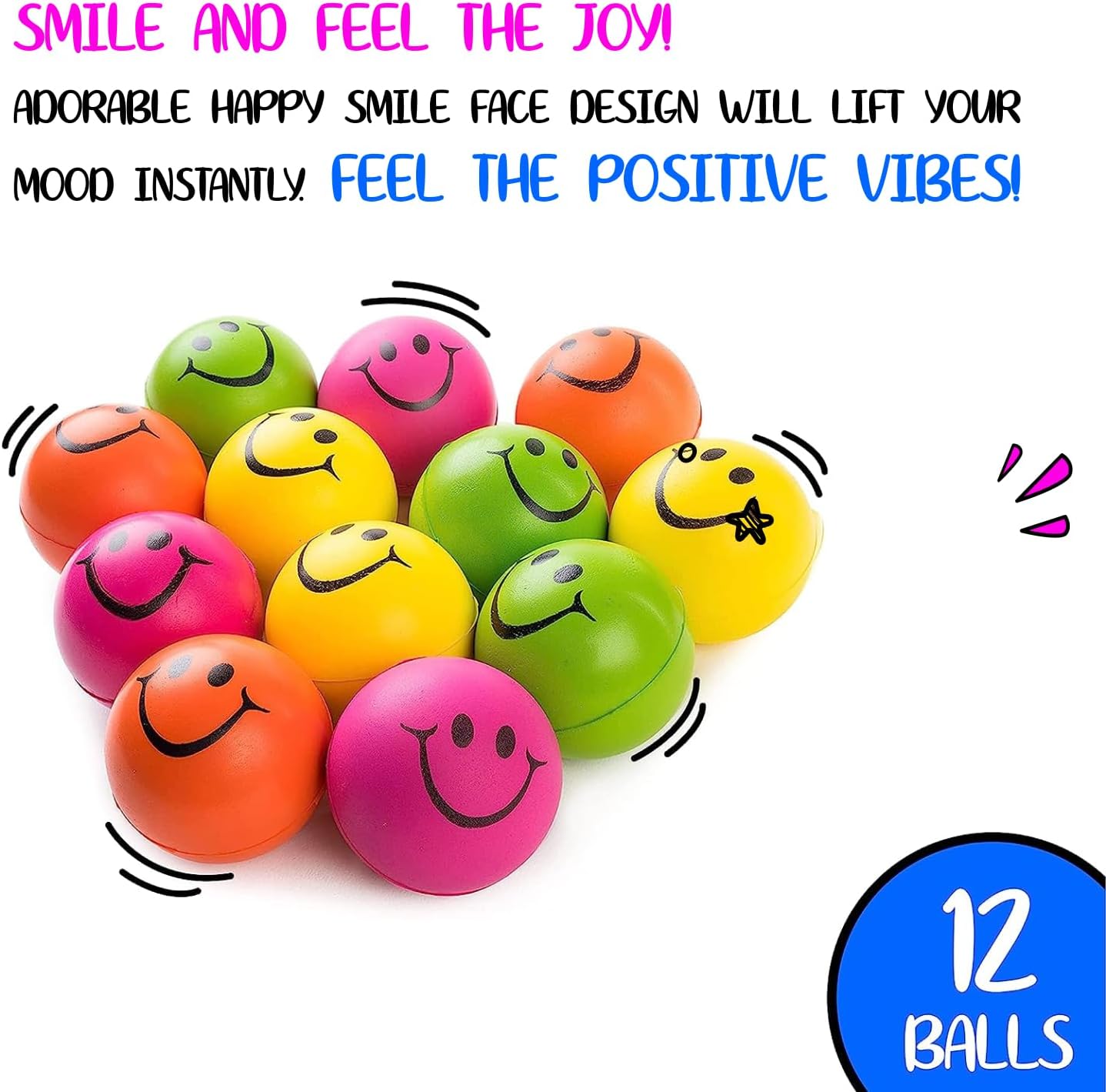 Neliblu Neon Smile Stress Balls for Adults and Kids - Foam Squeeze Ball for Relaxation and Fun - Pack of 12 Happy Face 2.5-Inch Squeeze Balls - Ideal for Parties, Therapy, and Toys - Image 3