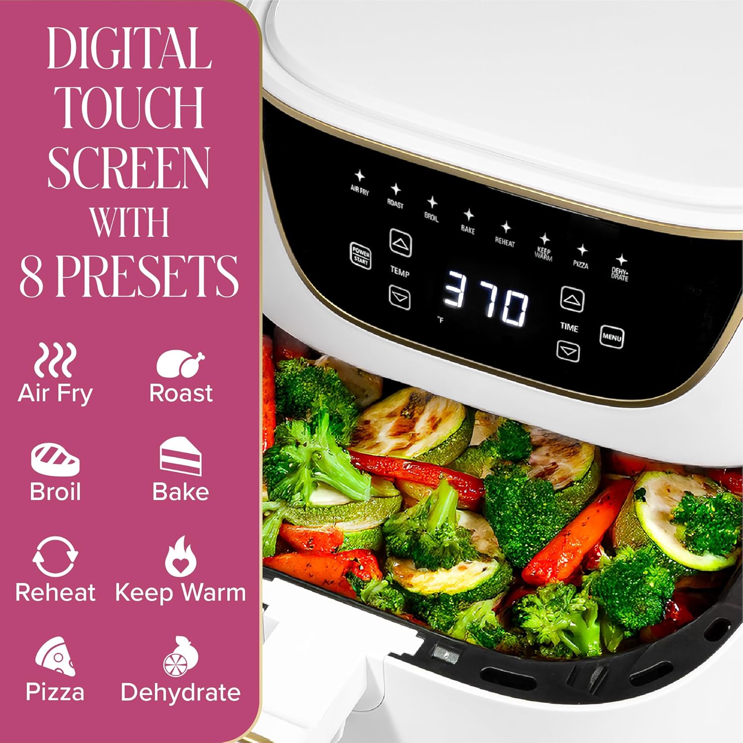 Paris Hilton Air Fryer, Large 6-Quart Capacity, Nonstick Made without PFAS, Touchscreen Display, 8-in-1 (Air Fry, Roast, Broil, Bake, Reheat, Keep Warm, Pizza, Dehydrate), Dishwasher Safe, White - Image 4