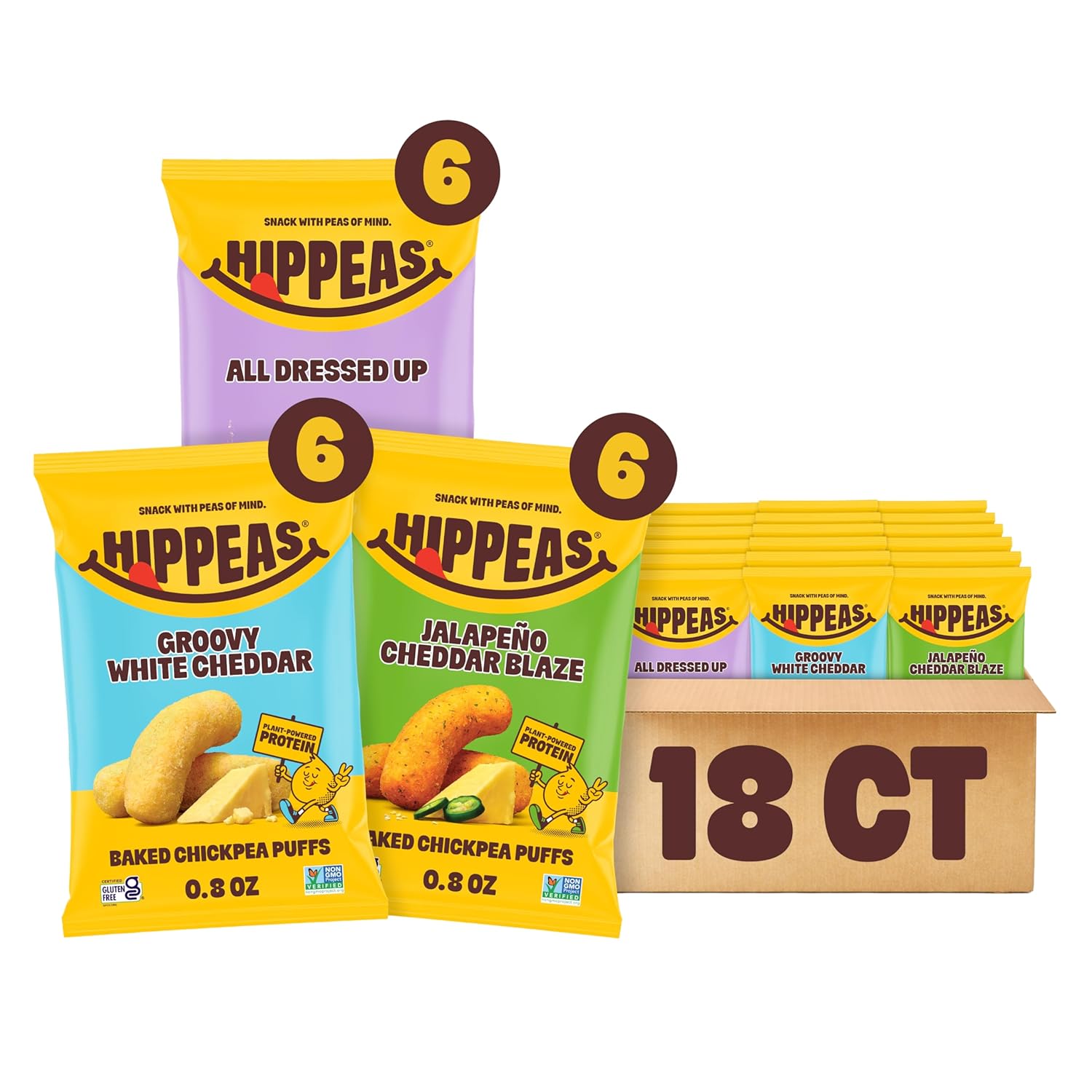 Hippeas Chickpea Puffs, Variety Pack: Vegan White Cheddar, Nacho Vibes, Barbecue, Sriracha, 0.8 Ounce (Pack of 18), 3g Protein, 2g Fiber, Vegan, Gluten-Free, Crunchy, Plant Protein Snacks - Image 2