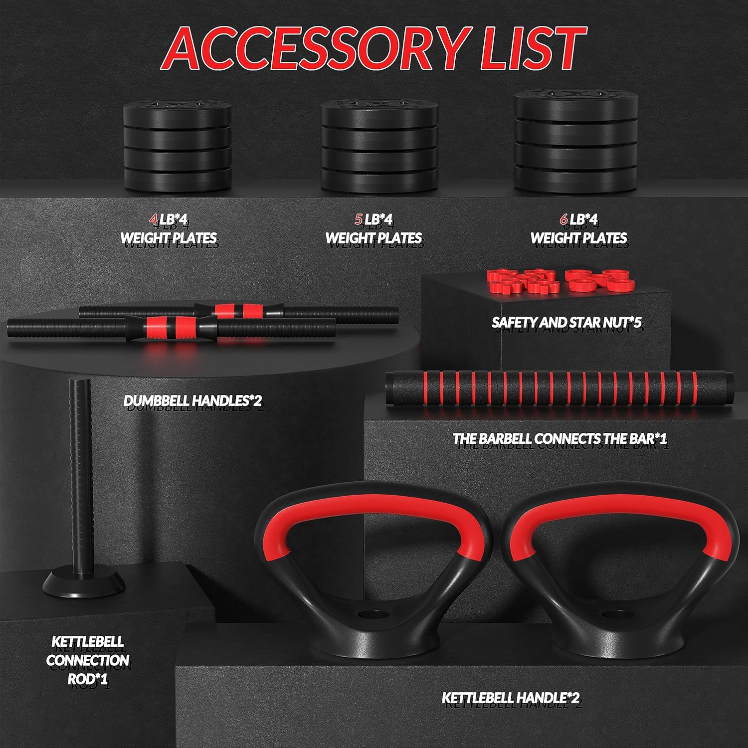 Fitvids Adjustable Dumbbell Set, 40/60LBS Free Weight Set, Multi-Functional Portable Changeable Dumbbell Barbell Kettlebell Set for Home, Multiple Style - Image 4
