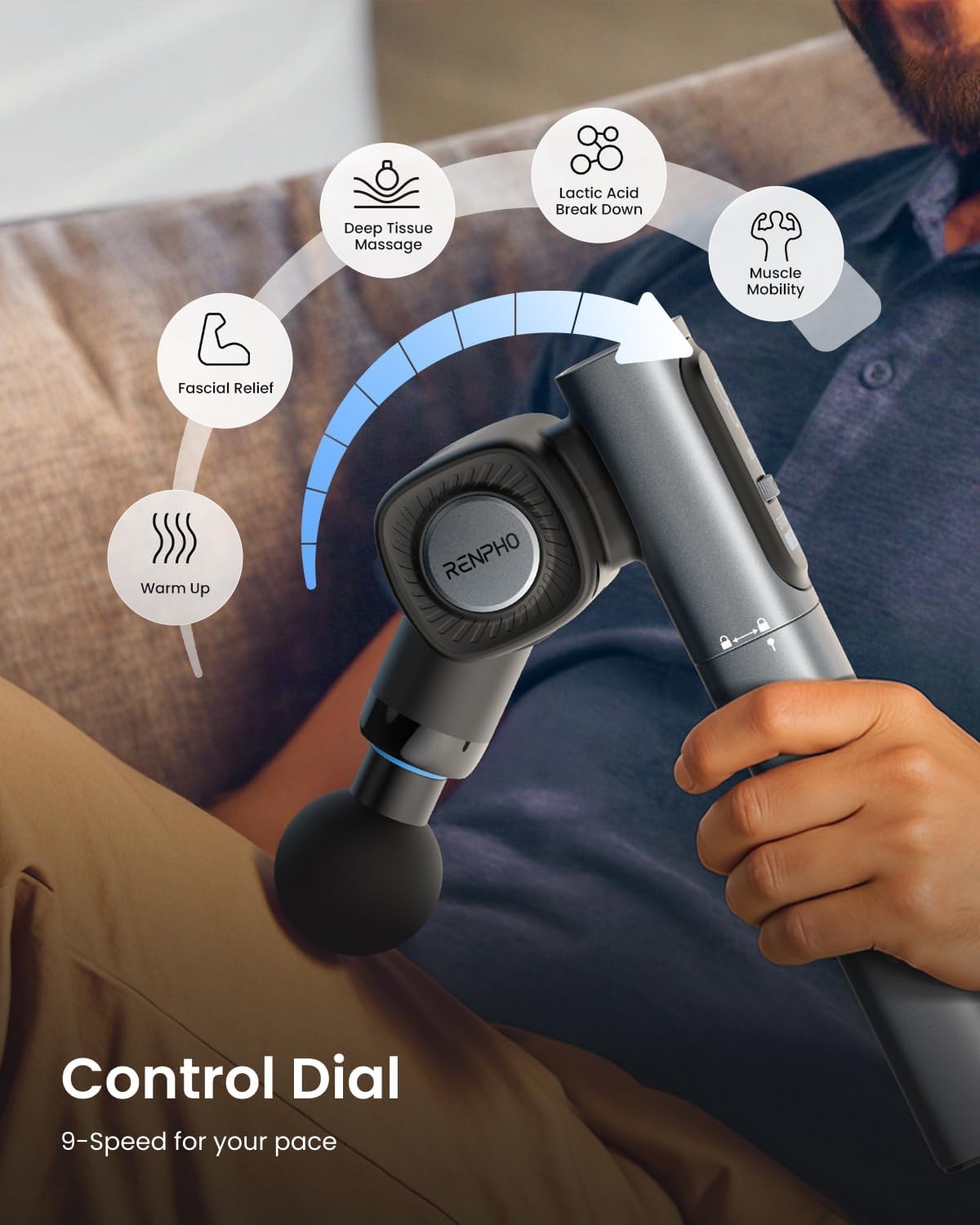 RENPHO Foldable Massage Gun with Extension Handle for Back, Fathers Day Dad Gift, 0-90° Adjustable Angle, FSA Eligible, Handheld Percussion Deep Tissue Massager with 9mm Amplitude for Pain Relief HSA - Image 4