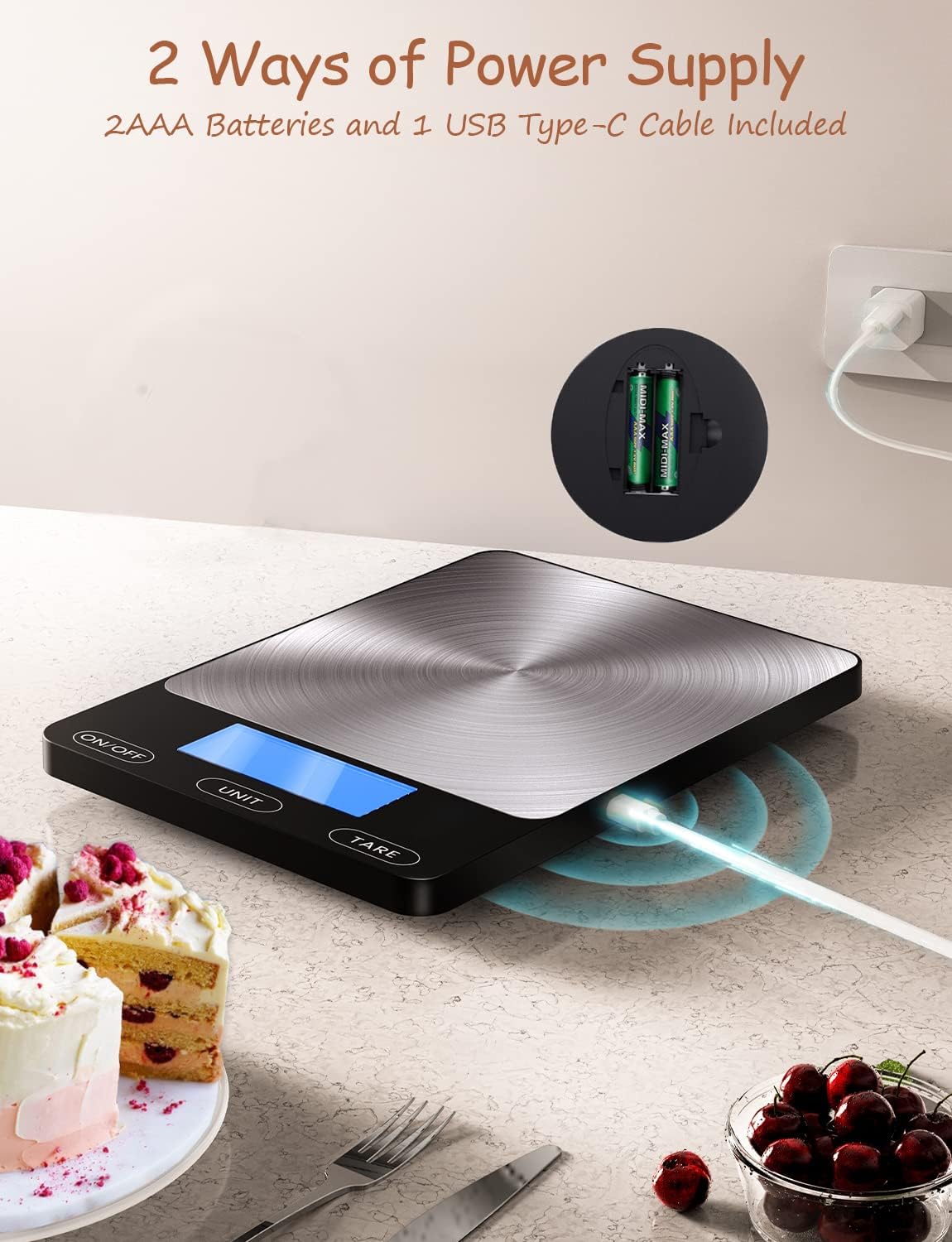 Food Scale -33lb Digital Kitchen Scale for Food Ounces Grams Rechargeable 304 Stainless Steel,Batteries and Type-C Charging | Perfect for Meal Prep, Cooking, and Baking, Black - Image 4