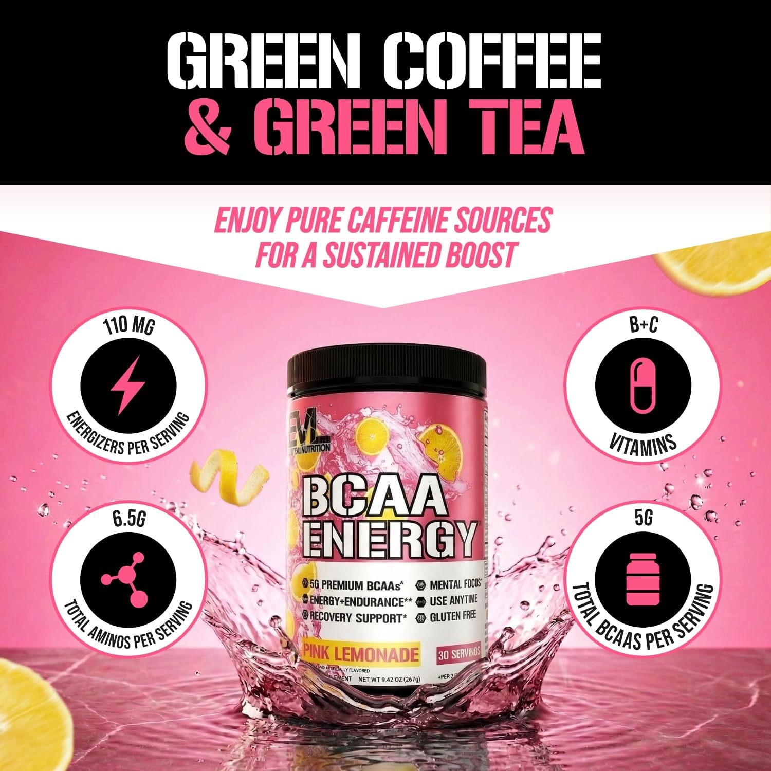 Evlution EVL BCAAs Amino Acids Powder - BCAA Energy Pre Workout Powder for Muscle Recovery Lean Growth and Endurance - Rehydrating Post Workout Recovery Drink with Natural Caffeine - Pink Lemonade - Image 3