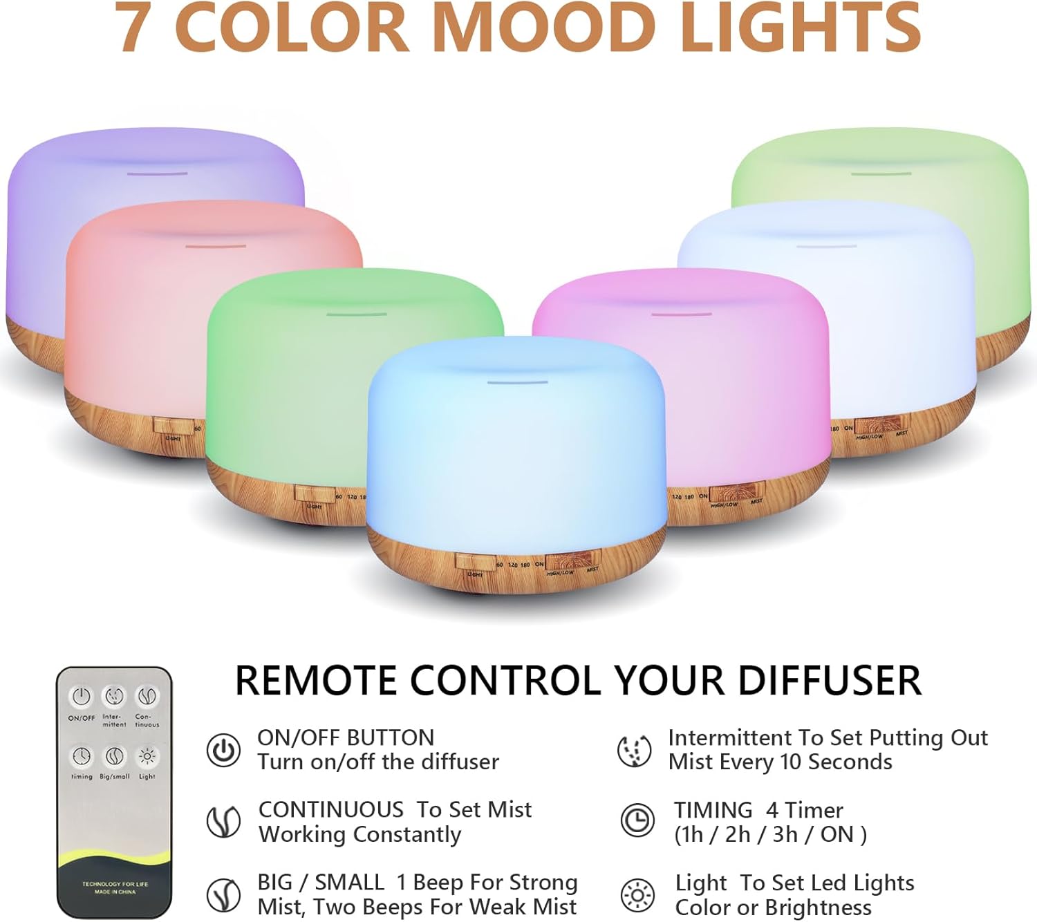Oil Diffuser, 500ml Essential Oil Diffusers, Aromatherapy Diffuser with 2 Mist Mode 4 Timers&7 Ambient Light Waterless Auto Off, Diffusers Large Room Home Office - Image 5