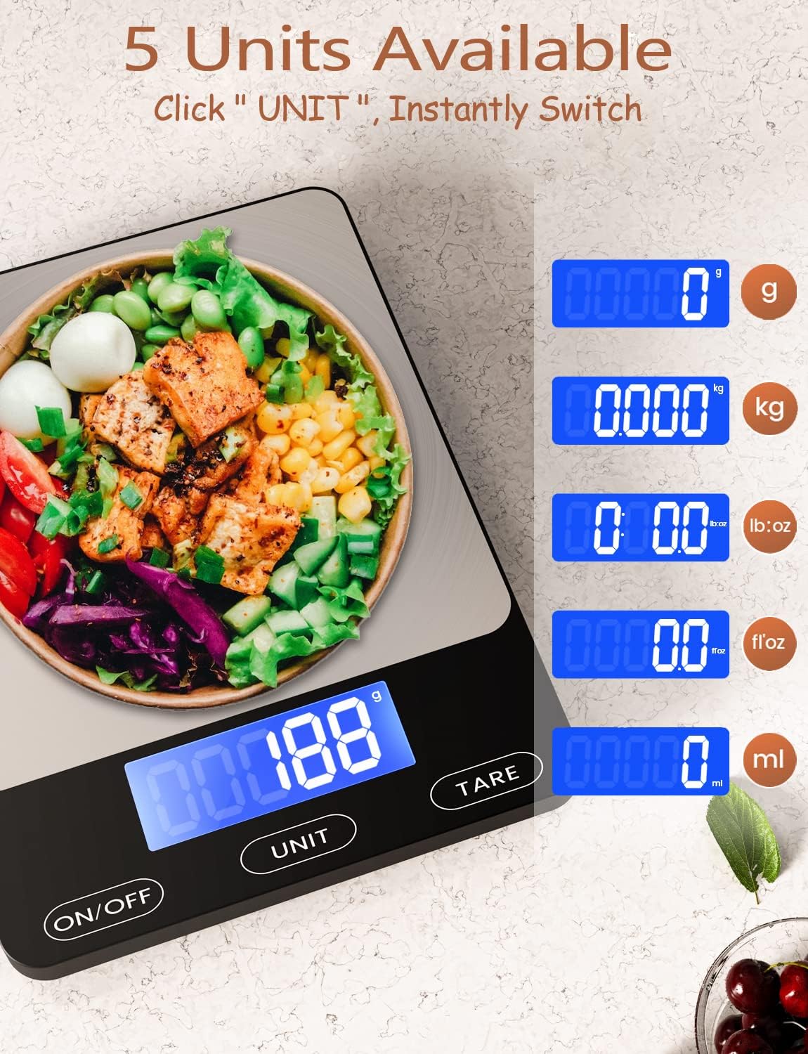 Food Scale -33lb Digital Kitchen Scale for Food Ounces Grams Rechargeable 304 Stainless Steel,Batteries and Type-C Charging | Perfect for Meal Prep, Cooking, and Baking, Black - Image 3