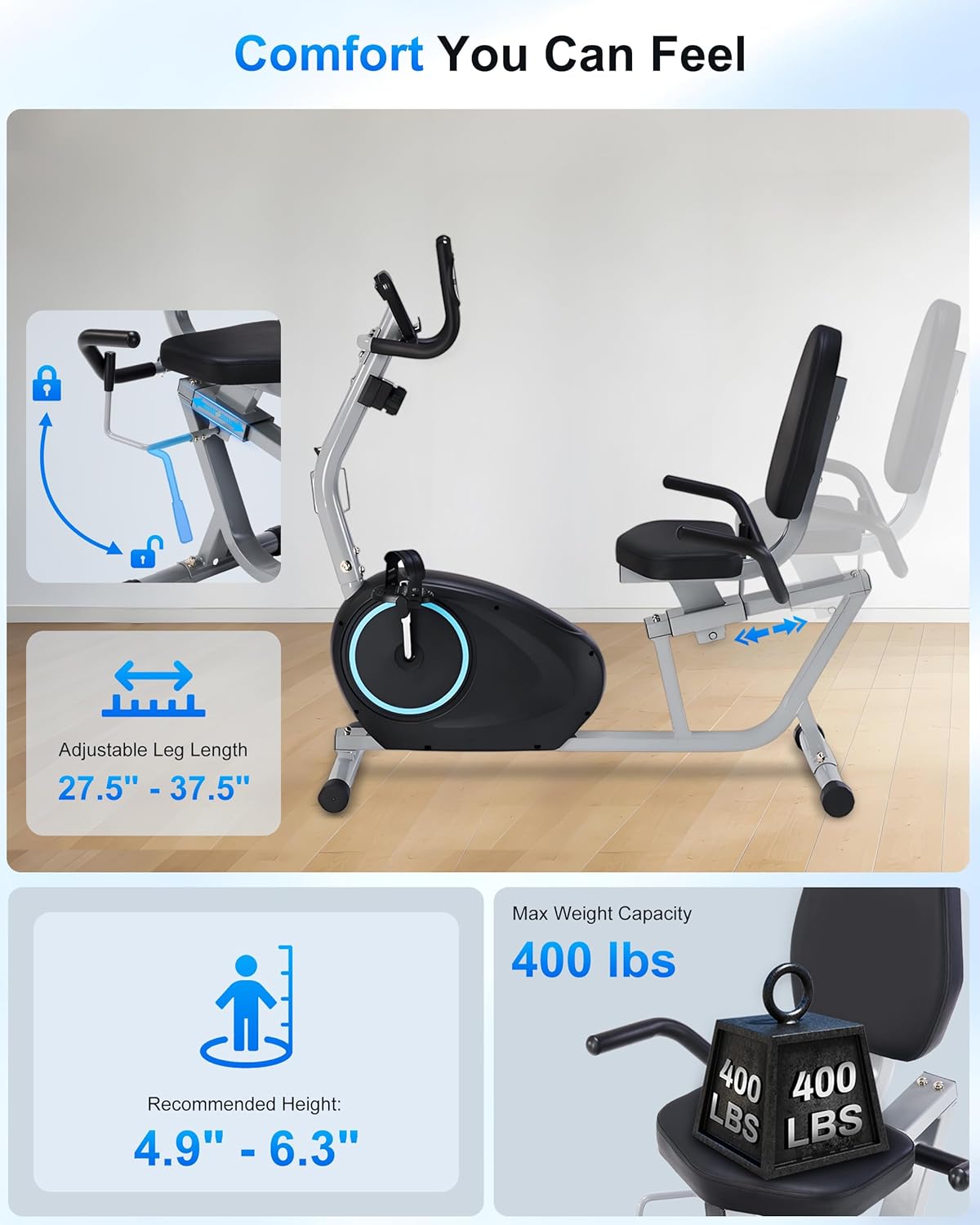 Recumbent Exercise Bike for Seniors - 400LB Weight Capacity Recumbent Bikes with Comfortable Seat, Pulse Sensor, 16-level Resistance, LCD Monitor - Image 5