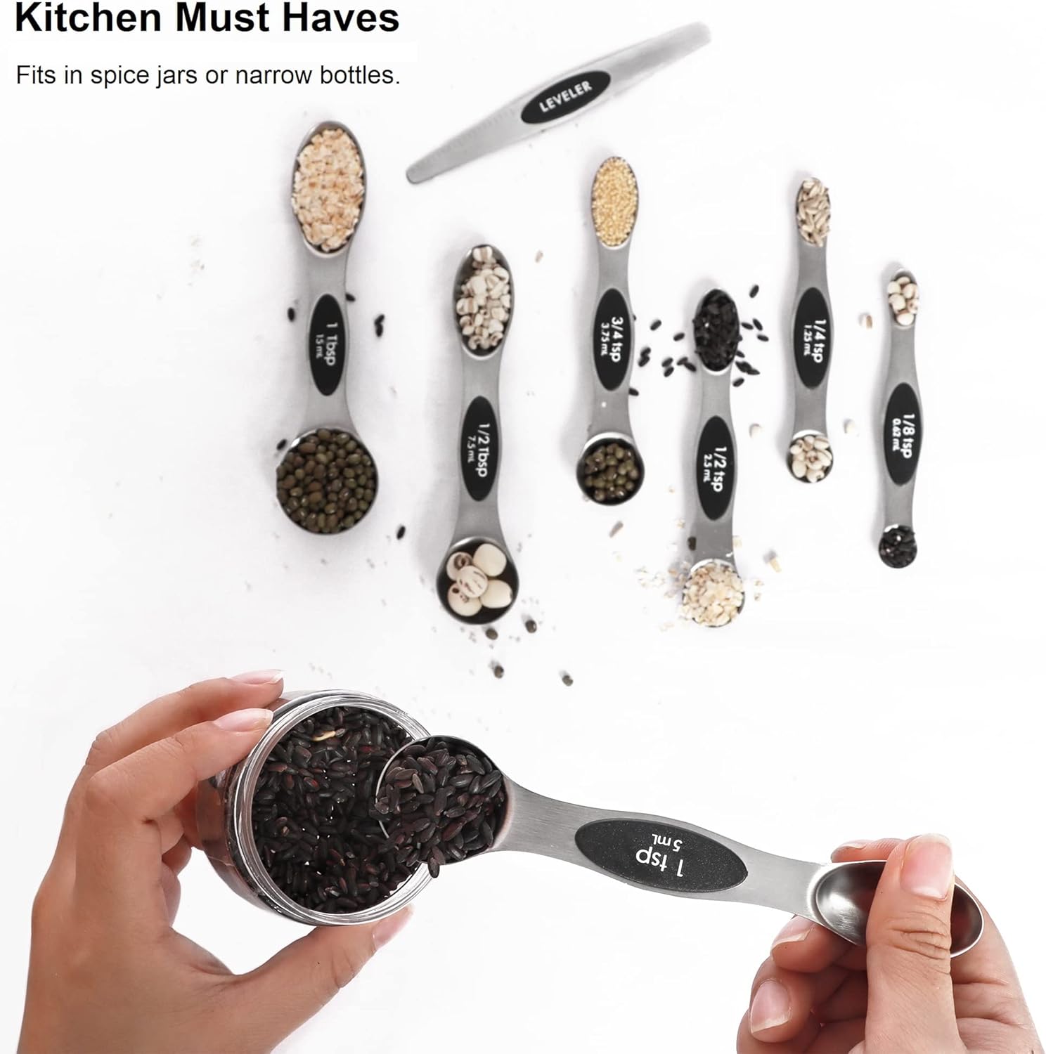 Magnetic Measuring Spoons Set Stainless Steel with Leveler, Stackable Metal Tablespoon Measure Spoon for Baking, Cups and Spoon Set Kitchen Gadgets Apartment Essentials Fits in Spice Jars - Image 7