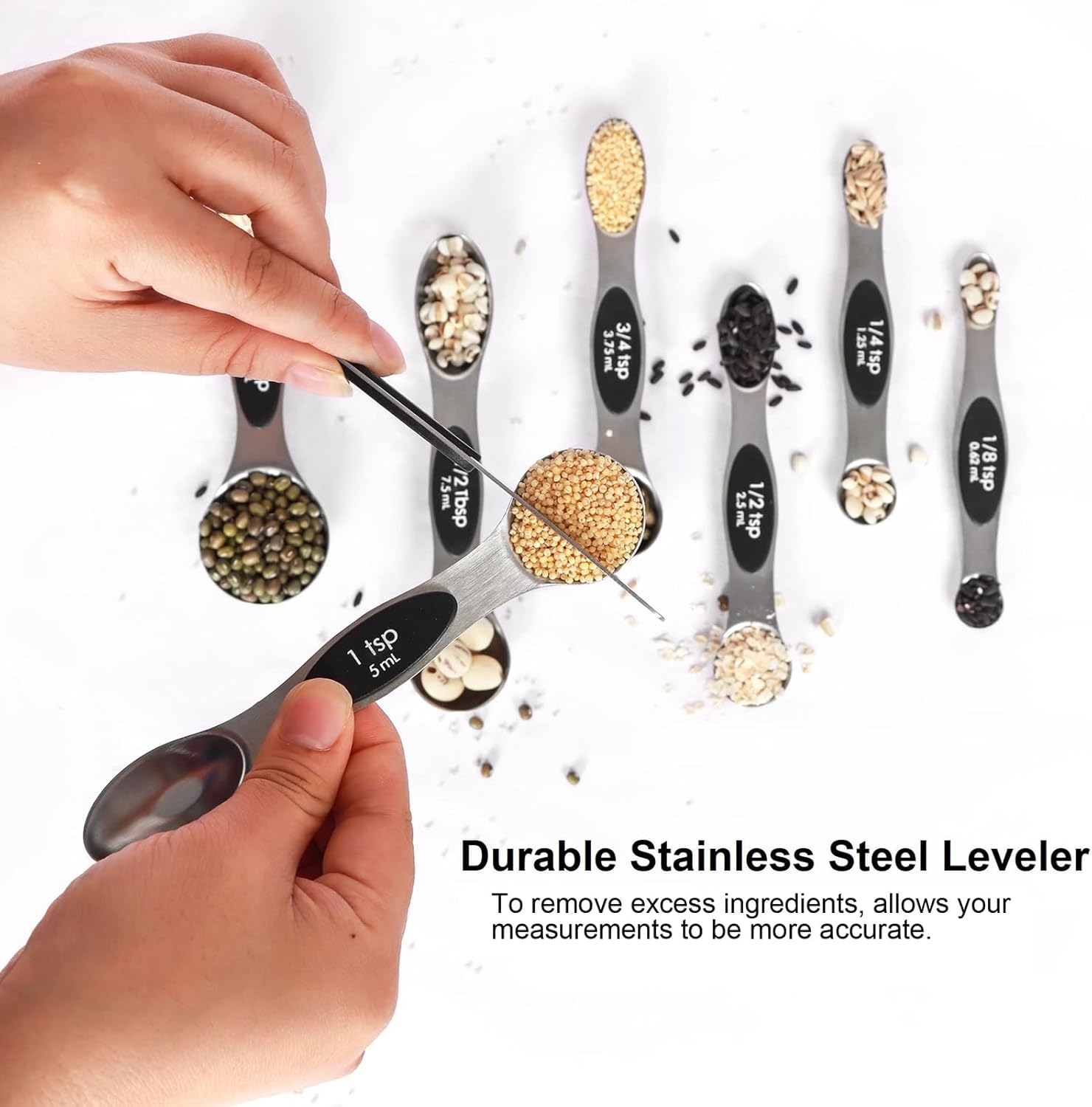 Magnetic Measuring Spoons Set Stainless Steel with Leveler, Stackable Metal Tablespoon Measure Spoon for Baking, Cups and Spoon Set Kitchen Gadgets Apartment Essentials Fits in Spice Jars - Image 5